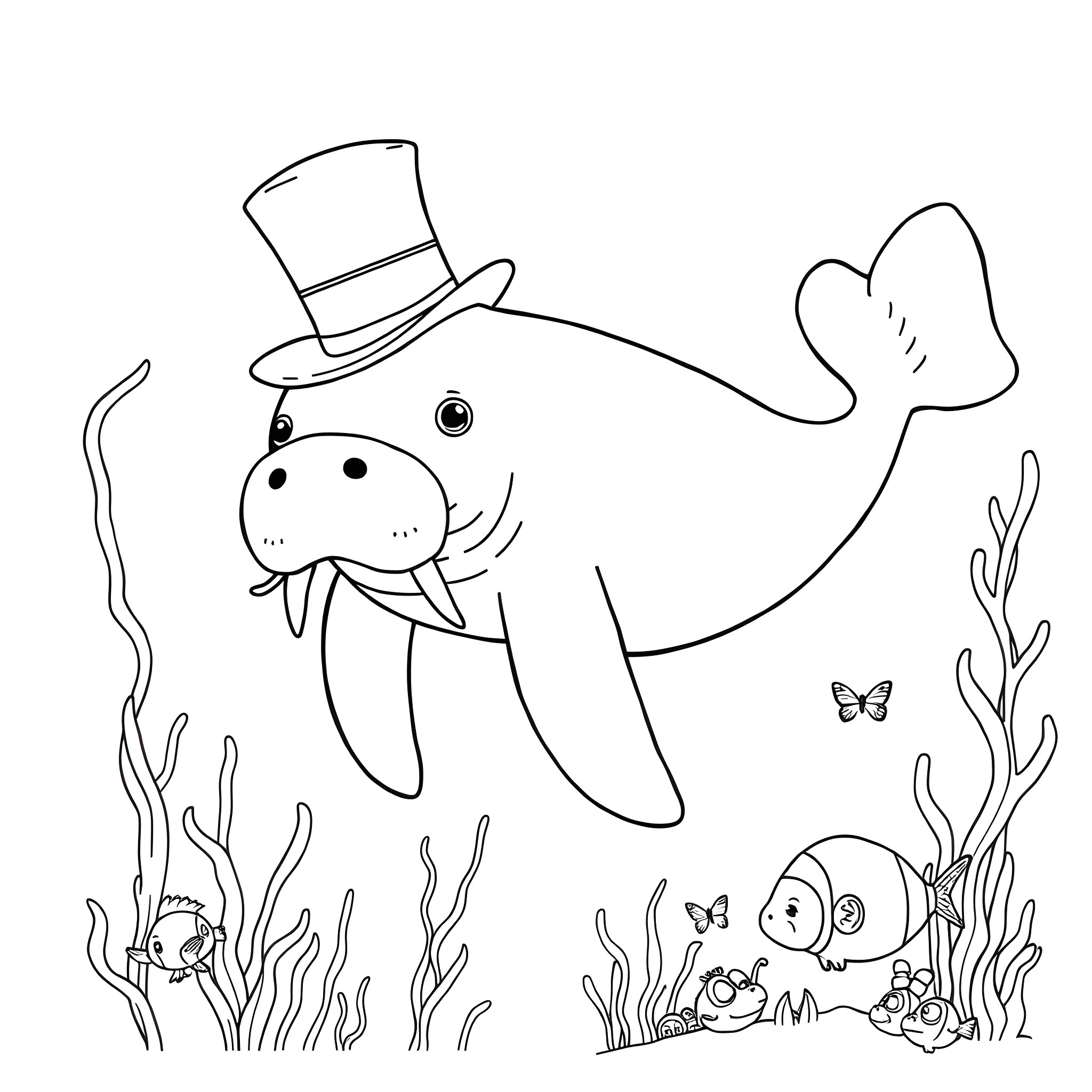 Manatee dressed as a gentleman with marine life Coloring Page (free black-and-white line drawing printable PDF for all, from beginners to advanced learners, including children, teens, adults, and seniors)