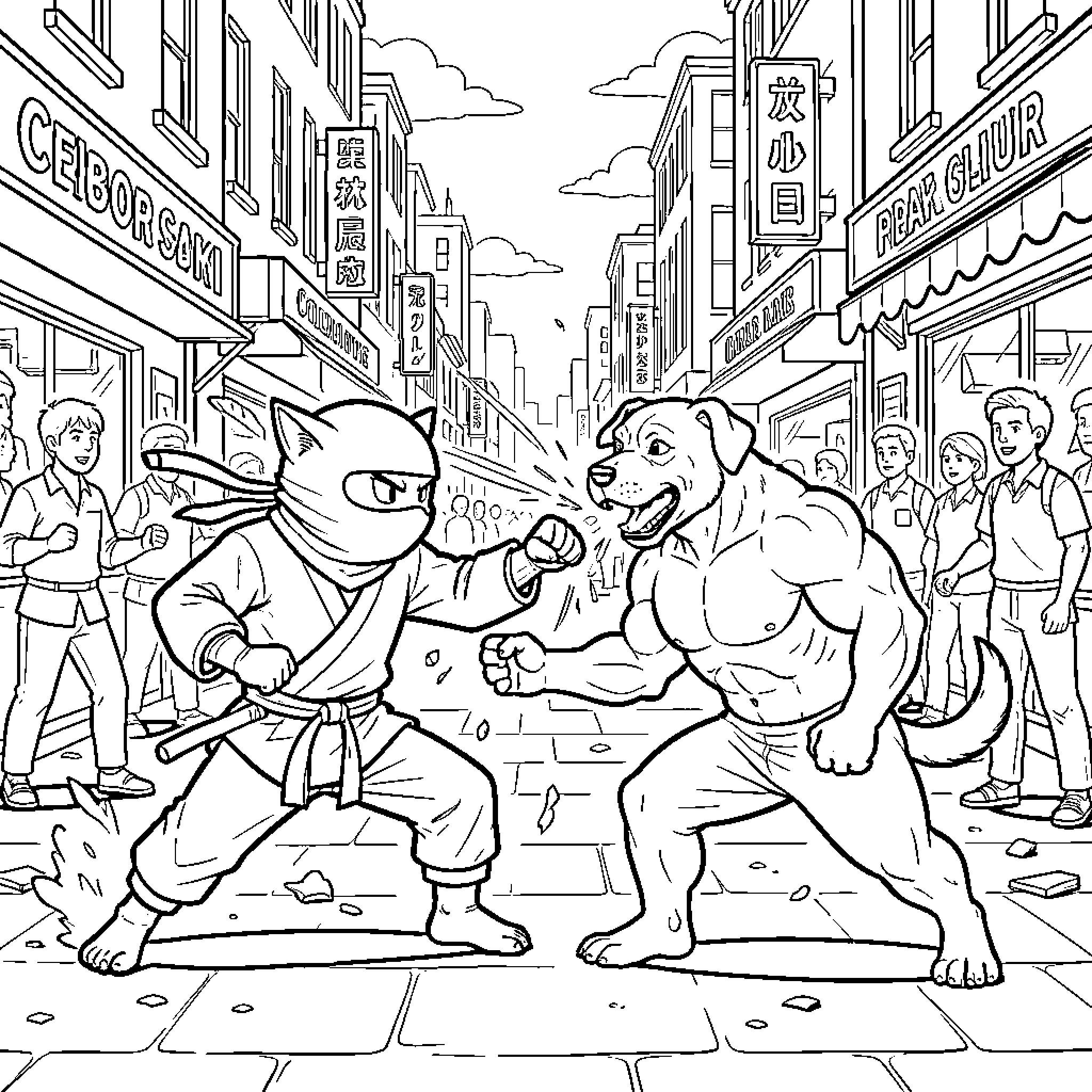 Ninja cat fighting a muscular dog in the street Coloring Page (free black-and-white line drawing printable PDF for all, from beginners to advanced learners, including children, teens, adults, and seniors)