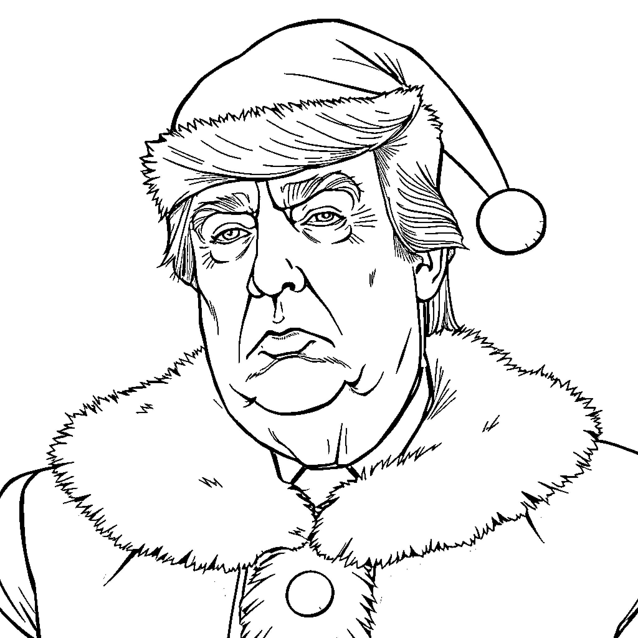 Donald Trump portrayed as a disgruntled Santa Claus Coloring Page (free black-and-white line drawing printable PDF for all, from beginners to advanced learners, including children, teens, adults, and seniors)