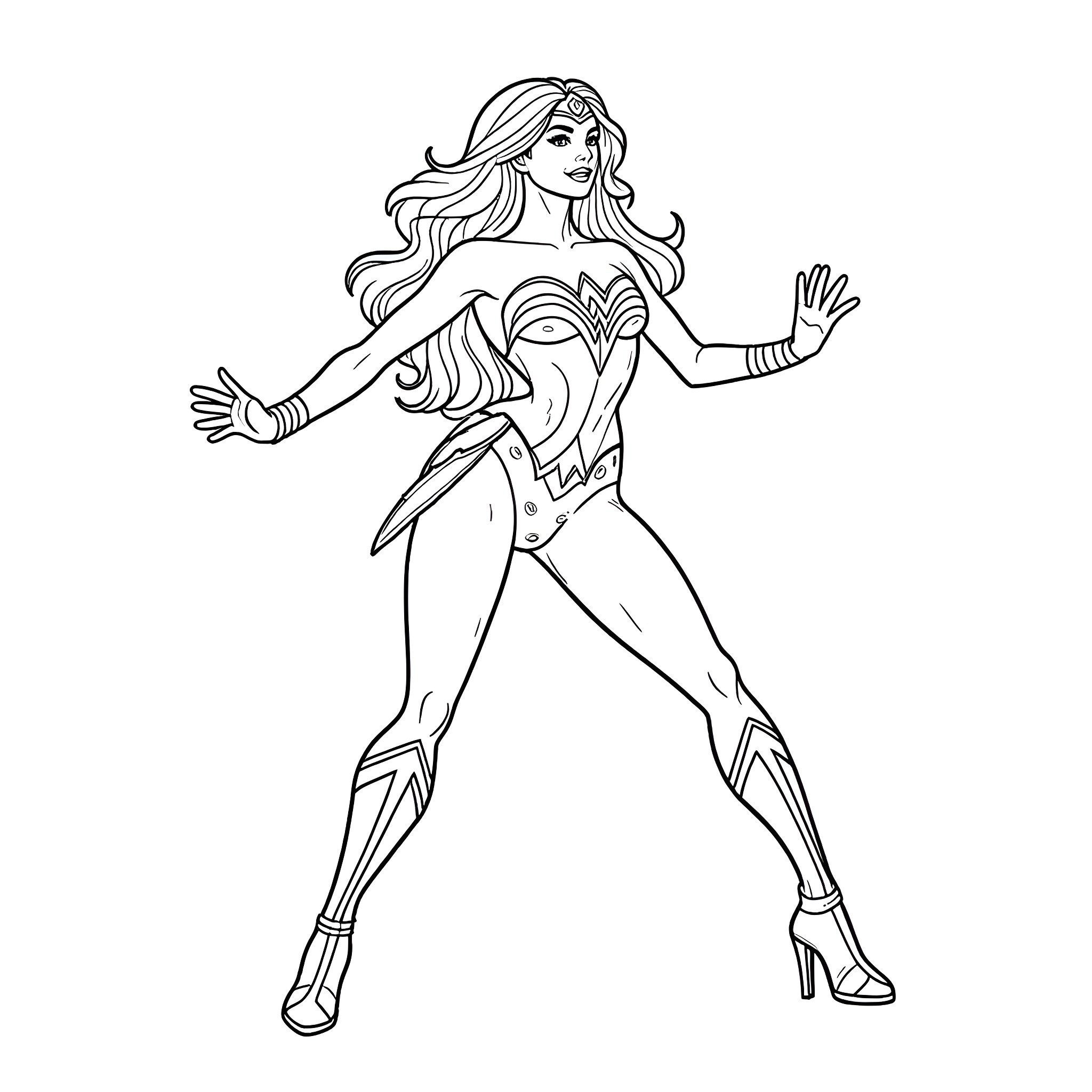 Wonder Woman in heroic action pose Coloring Page (free black-and-white line drawing printable PDF for all, from beginners to advanced learners, including children, teens, adults, and seniors)