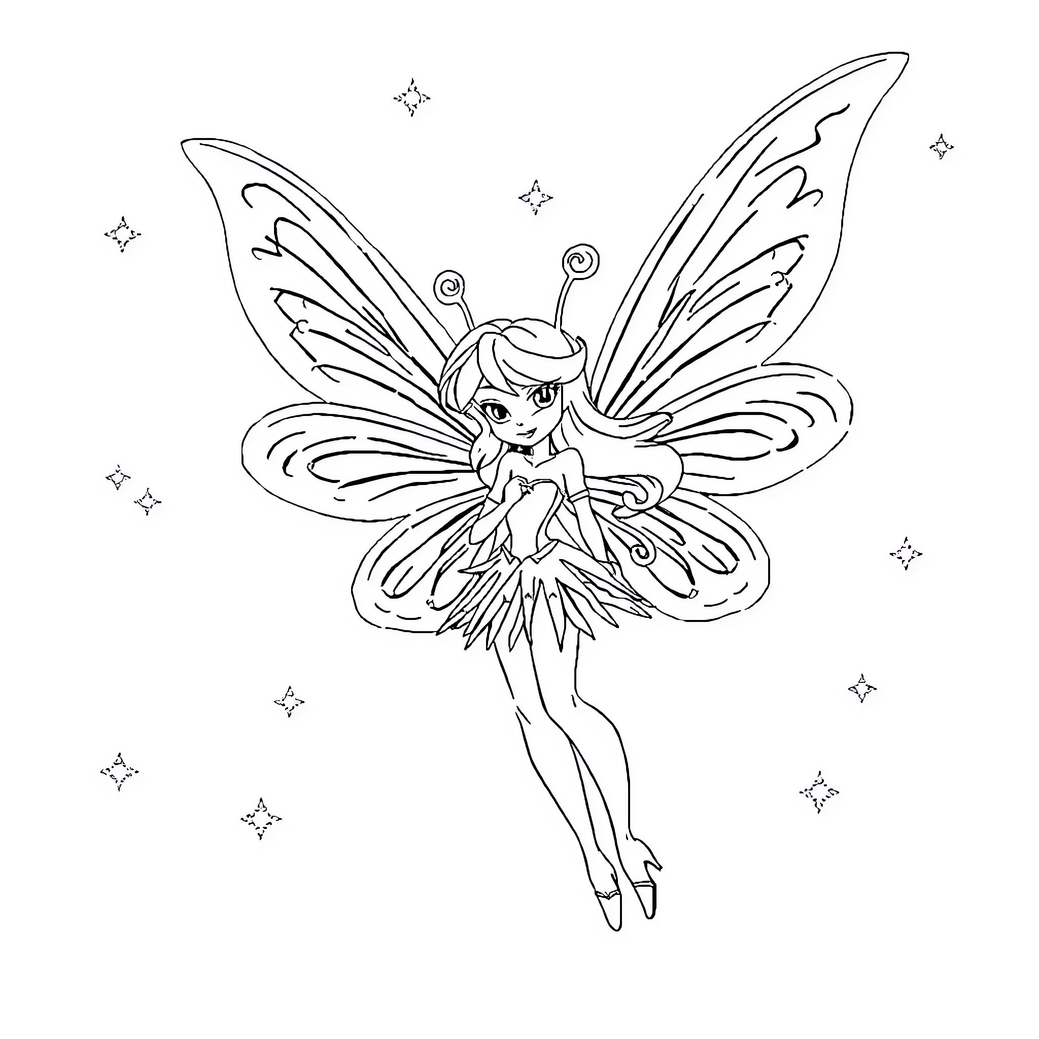 Fairy dancing among the stars Coloring Page (free black-and-white line drawing printable PDF for all, from beginners to advanced learners, including children, teens, adults, and seniors)