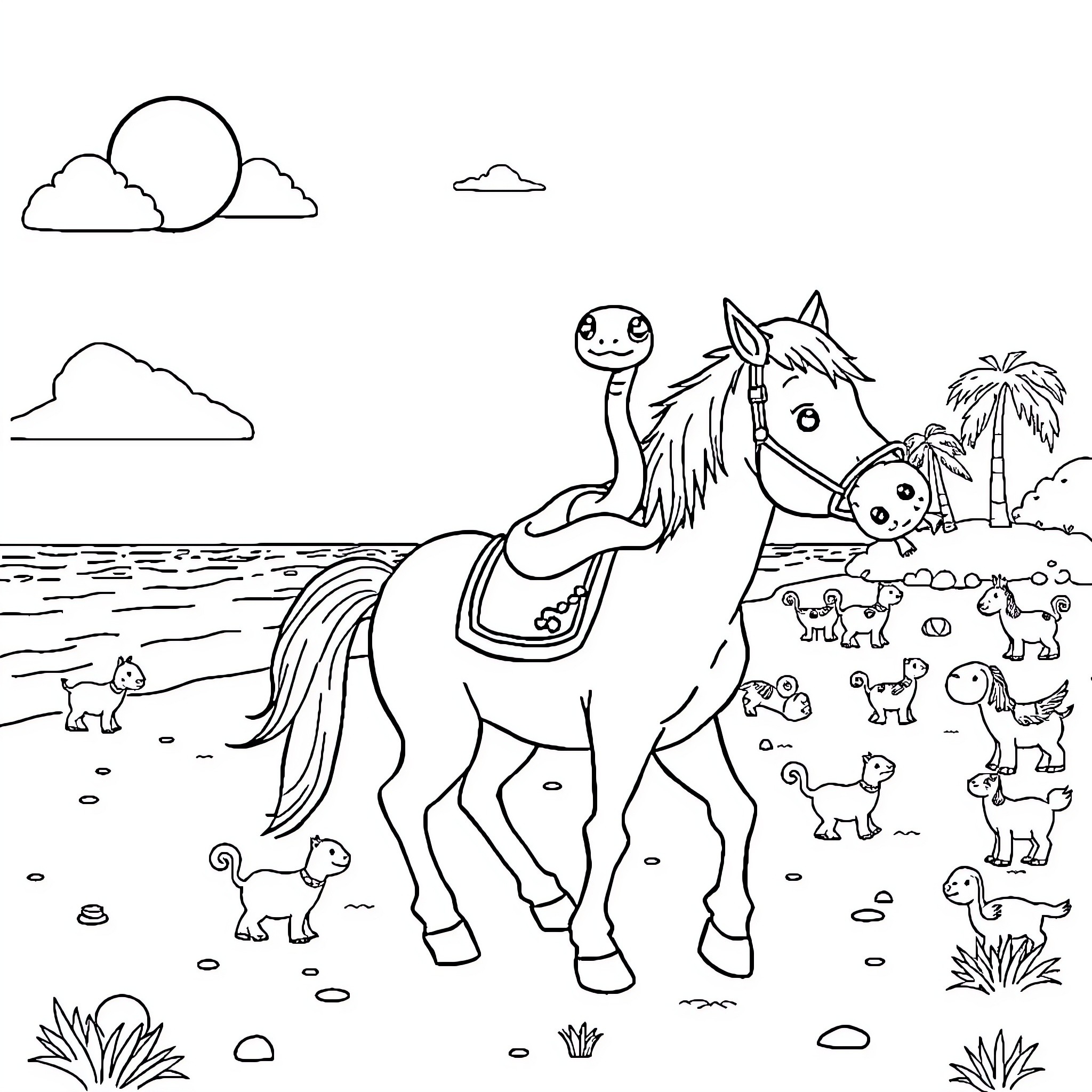 Snake-like creature riding on a playful horse Coloring Page (free black-and-white line drawing printable PDF for all, from beginners to advanced learners, including children, teens, adults, and seniors)