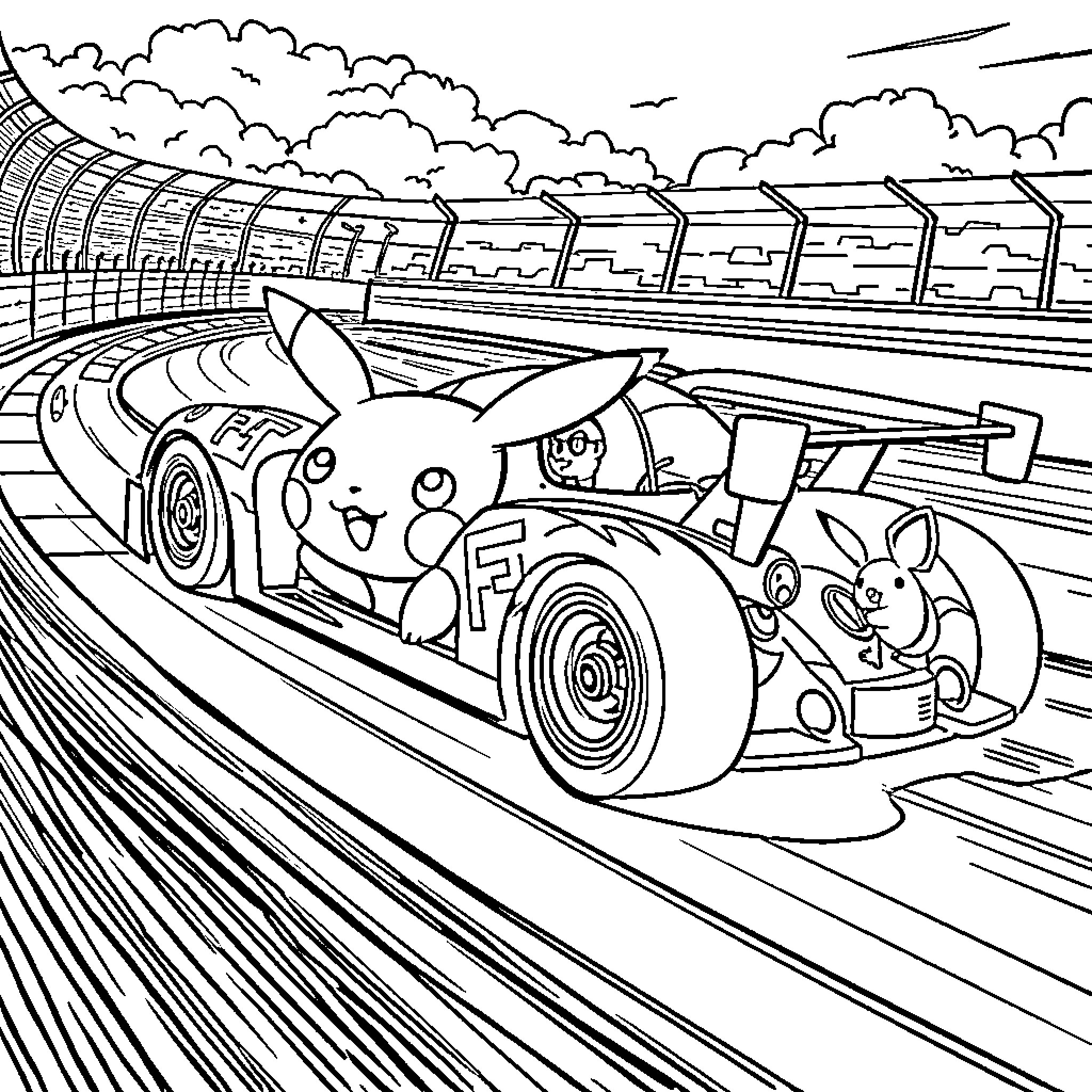 Racing Car Characters in High-Speed Competition Coloring Page (free black-and-white line drawing printable PDF for all, from beginners to advanced learners, including children, teens, adults, and seniors)