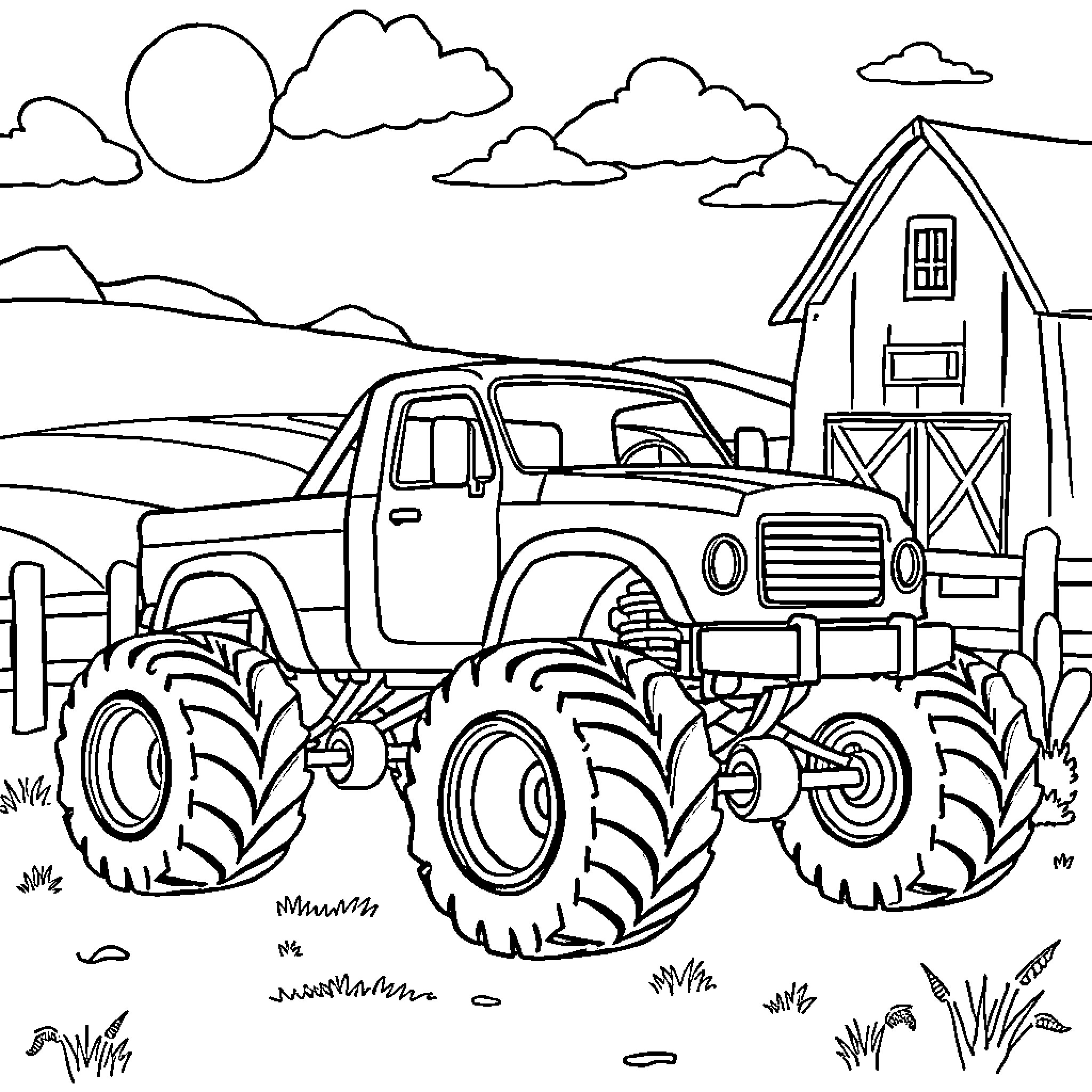 Monster Truck Conquering the Countryside Landscape Coloring Page (free black-and-white line drawing printable PDF for all, from beginners to advanced learners, including children, teens, adults, and seniors)
