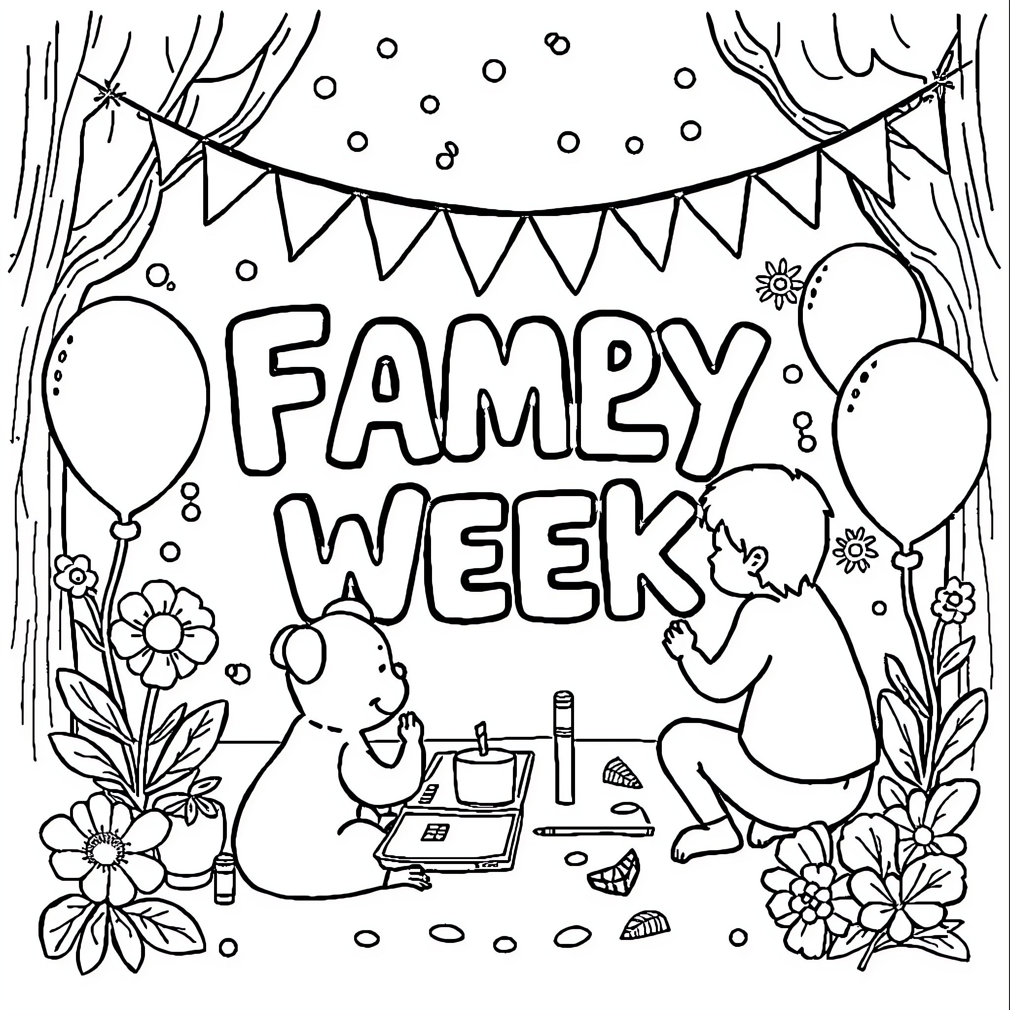 Family Fun Celebration Week Coloring Page (free black-and-white line drawing printable PDF for all, from beginners to advanced learners, including children, teens, adults, and seniors)