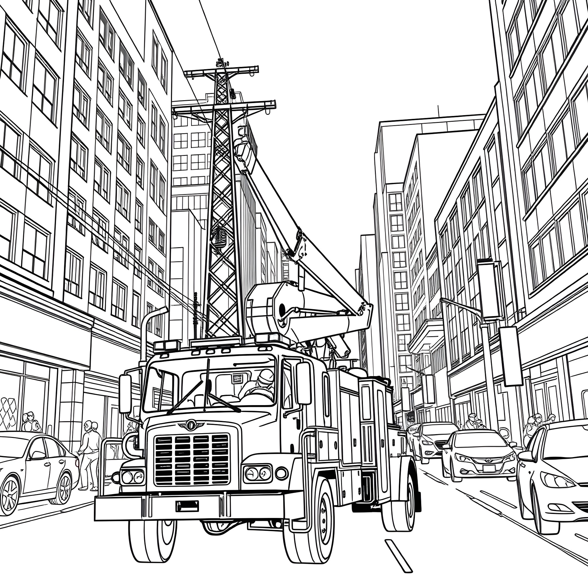 Bucket Truck Working on Utility Lines in City Coloring Page (free black-and-white line drawing printable PDF for all, from beginners to advanced learners, including children, teens, adults, and seniors)