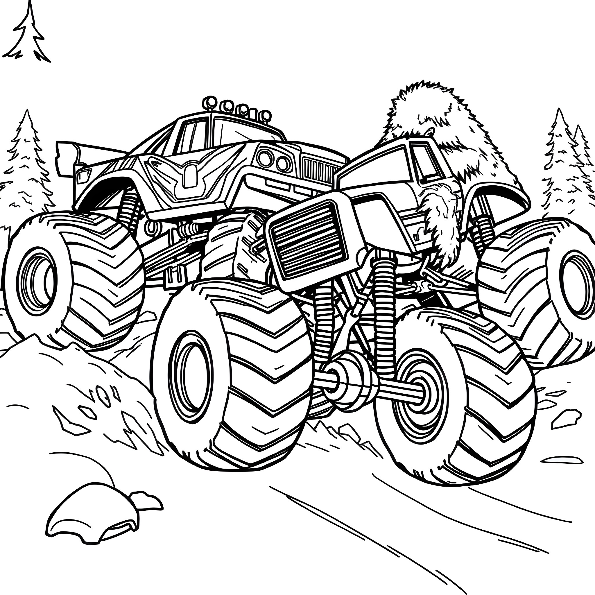 Monster Trucks Competing on Muddy Terrain Coloring Page (free black-and-white line drawing printable PDF for all, from beginners to advanced learners, including children, teens, adults, and seniors)