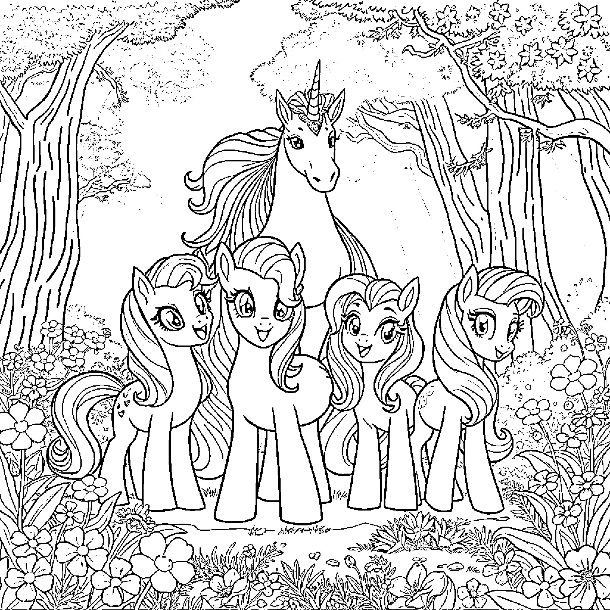 Pony friends exploring the enchanted forest Coloring Page (free black-and-white line drawing printable PDF for all, from beginners to advanced learners, including children, teens, adults, and seniors)