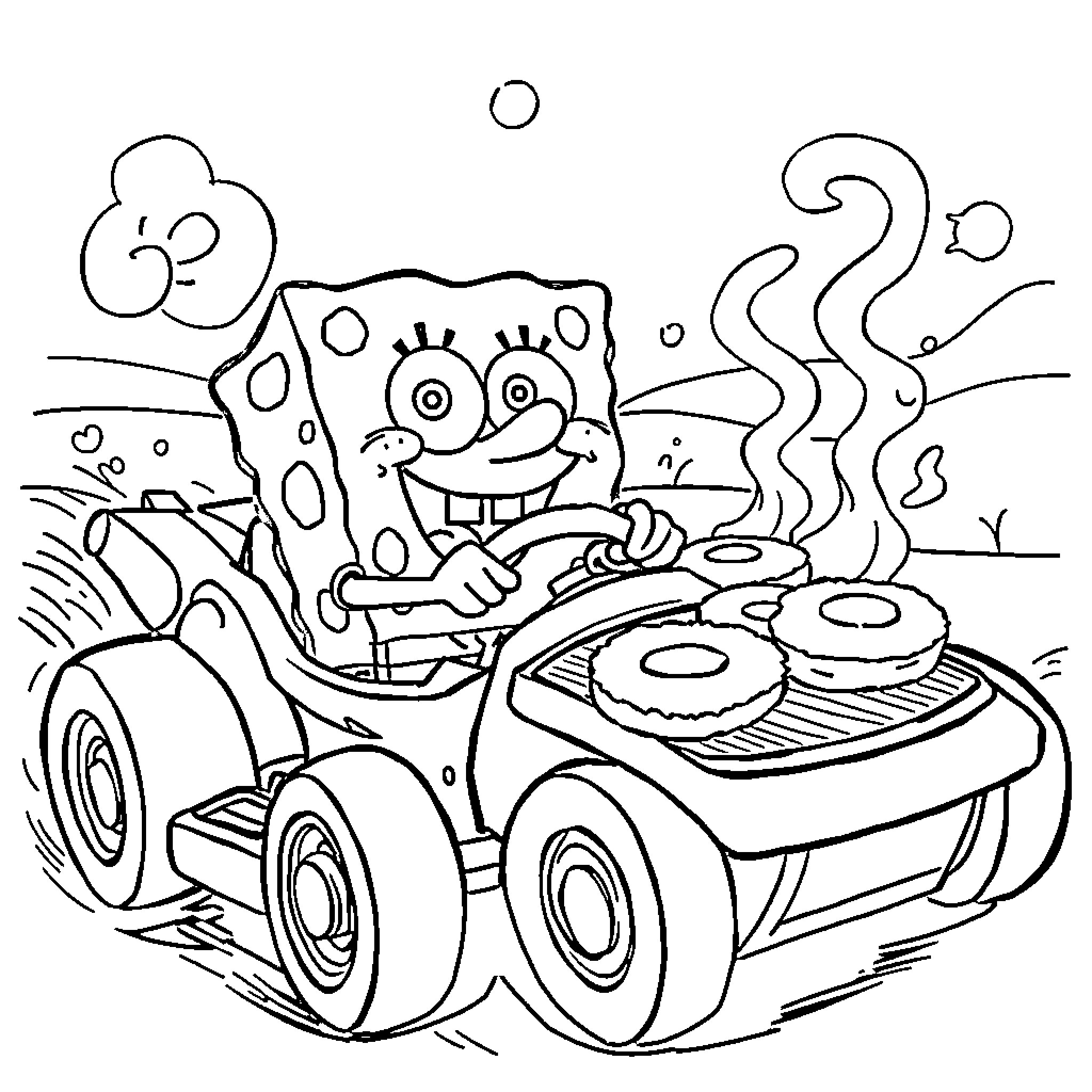 Spongebob driving a quirky vehicle Coloring Page (free black-and-white line drawing printable PDF for all, from beginners to advanced learners, including children, teens, adults, and seniors)