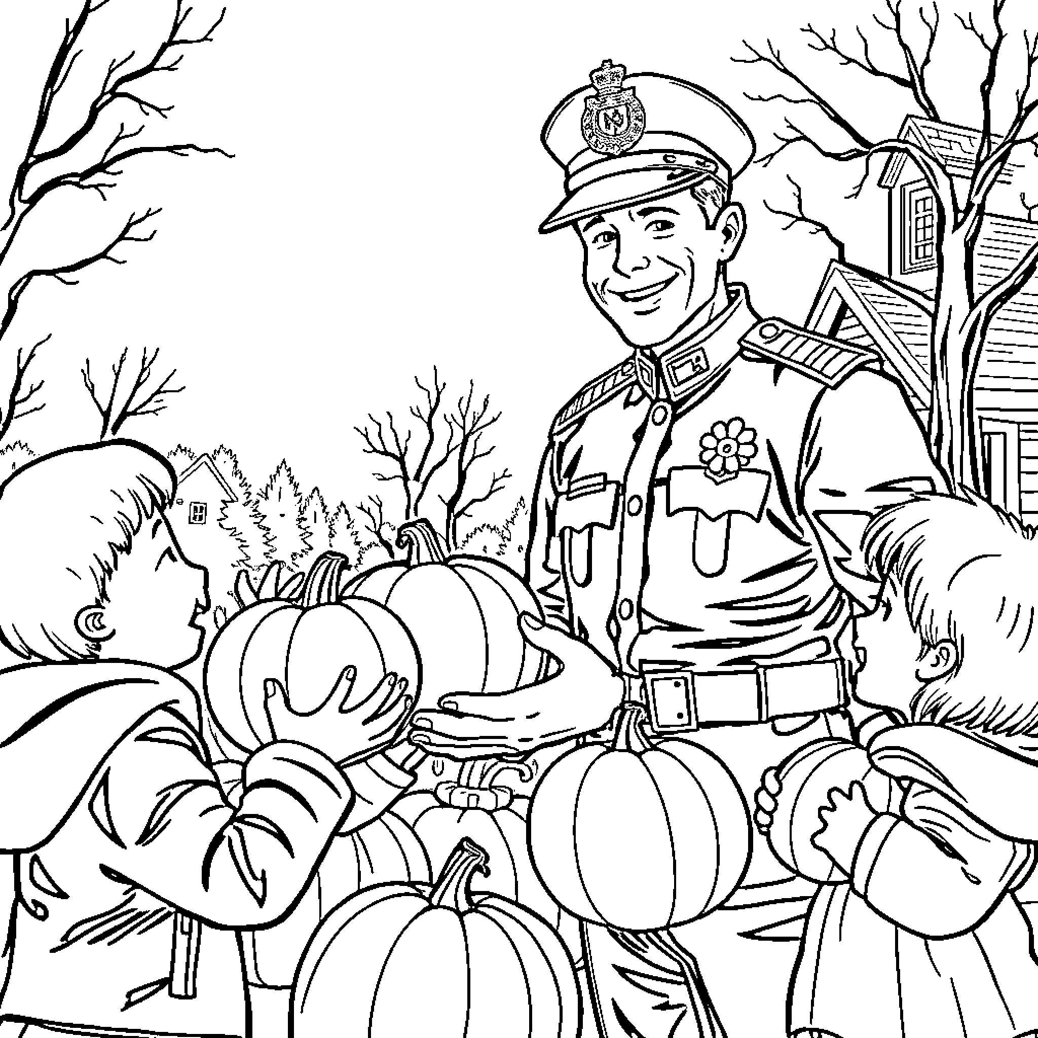 RCMP Officer Interacting with Children in Autumn Setting Coloring Page (free black-and-white line drawing printable PDF for all, from beginners to advanced learners, including children, teens, adults, and seniors)
