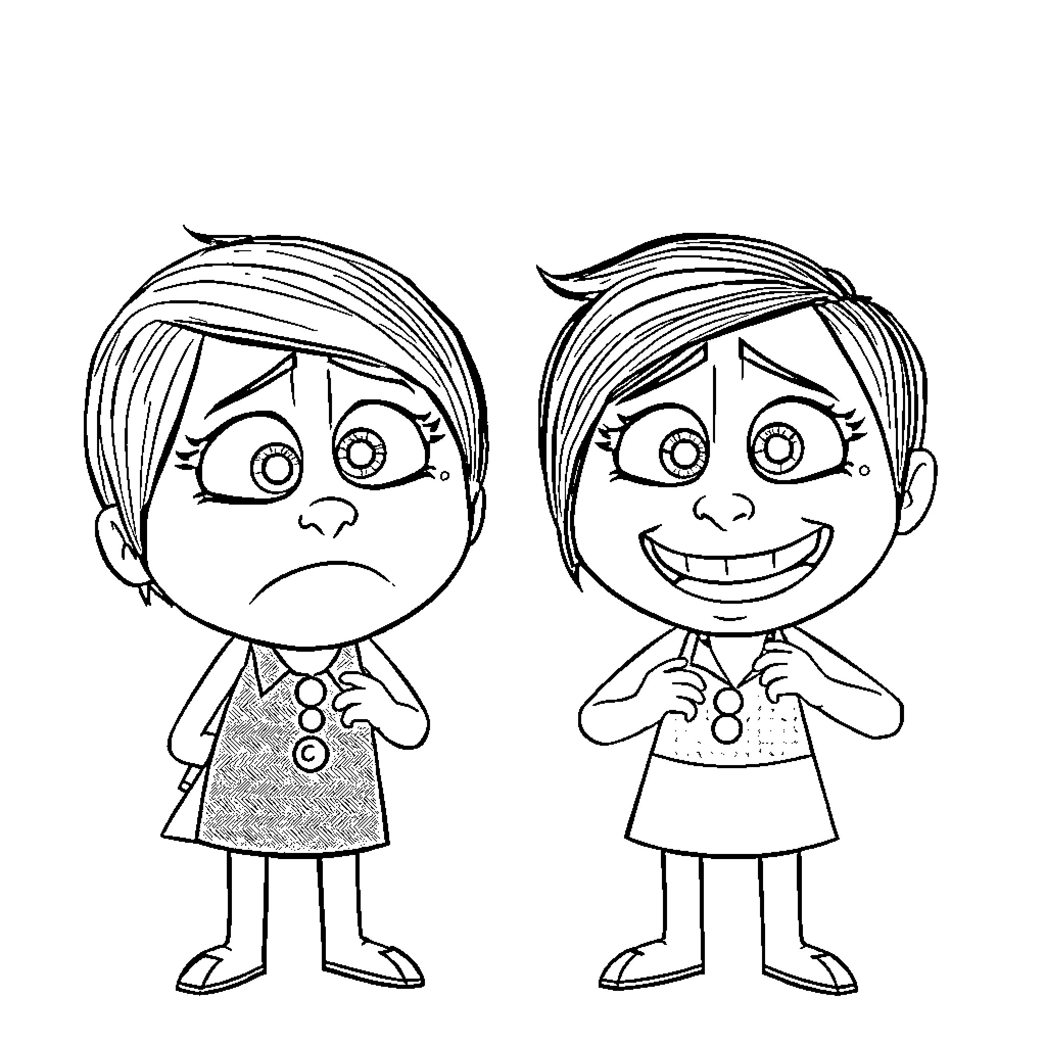 Sadness and Joy: Contrasting Expressions Coloring Page (free black-and-white line drawing printable PDF for all, from beginners to advanced learners, including children, teens, adults, and seniors)