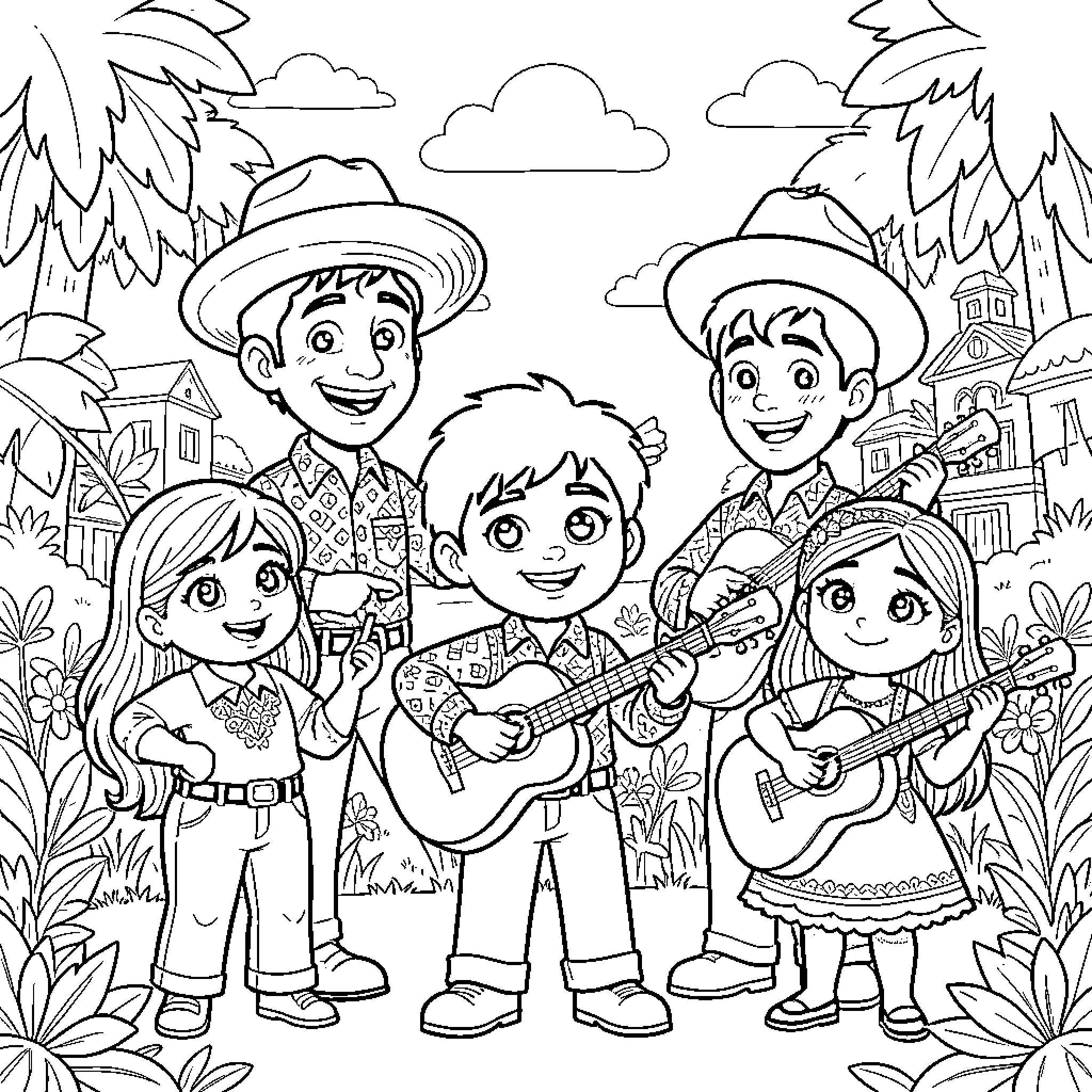 Coco characters singing and playing guitars together Coloring Page (free black-and-white line drawing printable PDF for all, from beginners to advanced learners, including children, teens, adults, and seniors)