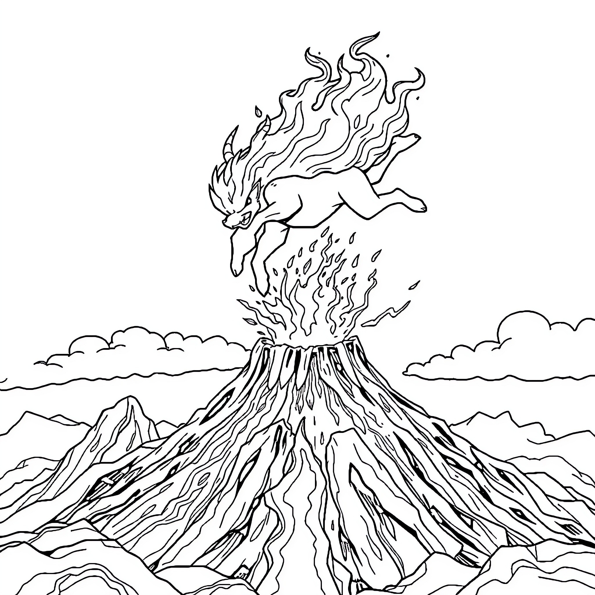 Blaze soaring above the volcanic eruption Coloring Page (free black-and-white line drawing printable PDF for all, from beginners to advanced learners, including children, teens, adults, and seniors)
