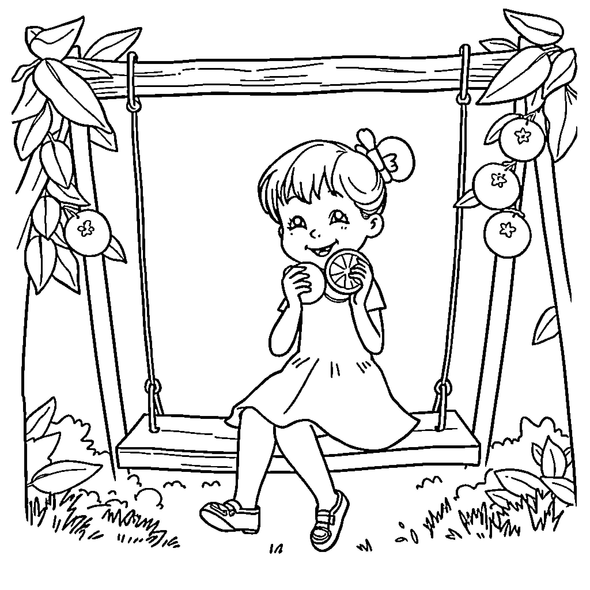 Girl enjoying a swing in a garden Coloring Page (free black-and-white line drawing printable PDF for all, from beginners to advanced learners, including children, teens, adults, and seniors)