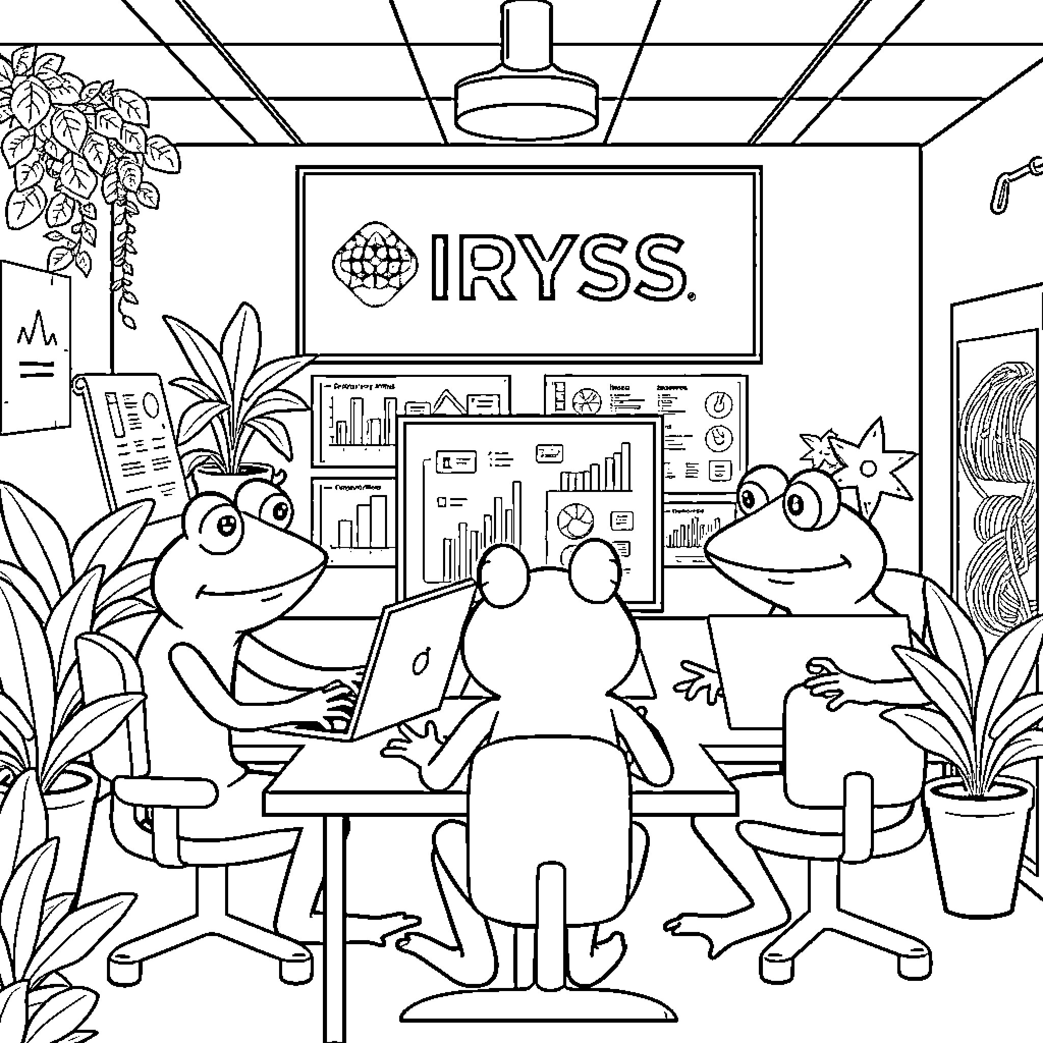 Pepe Frogs Working Diligently at the IRYSS Office Coloring Page (free black-and-white line drawing printable PDF for all, from beginners to advanced learners, including children, teens, adults, and seniors)