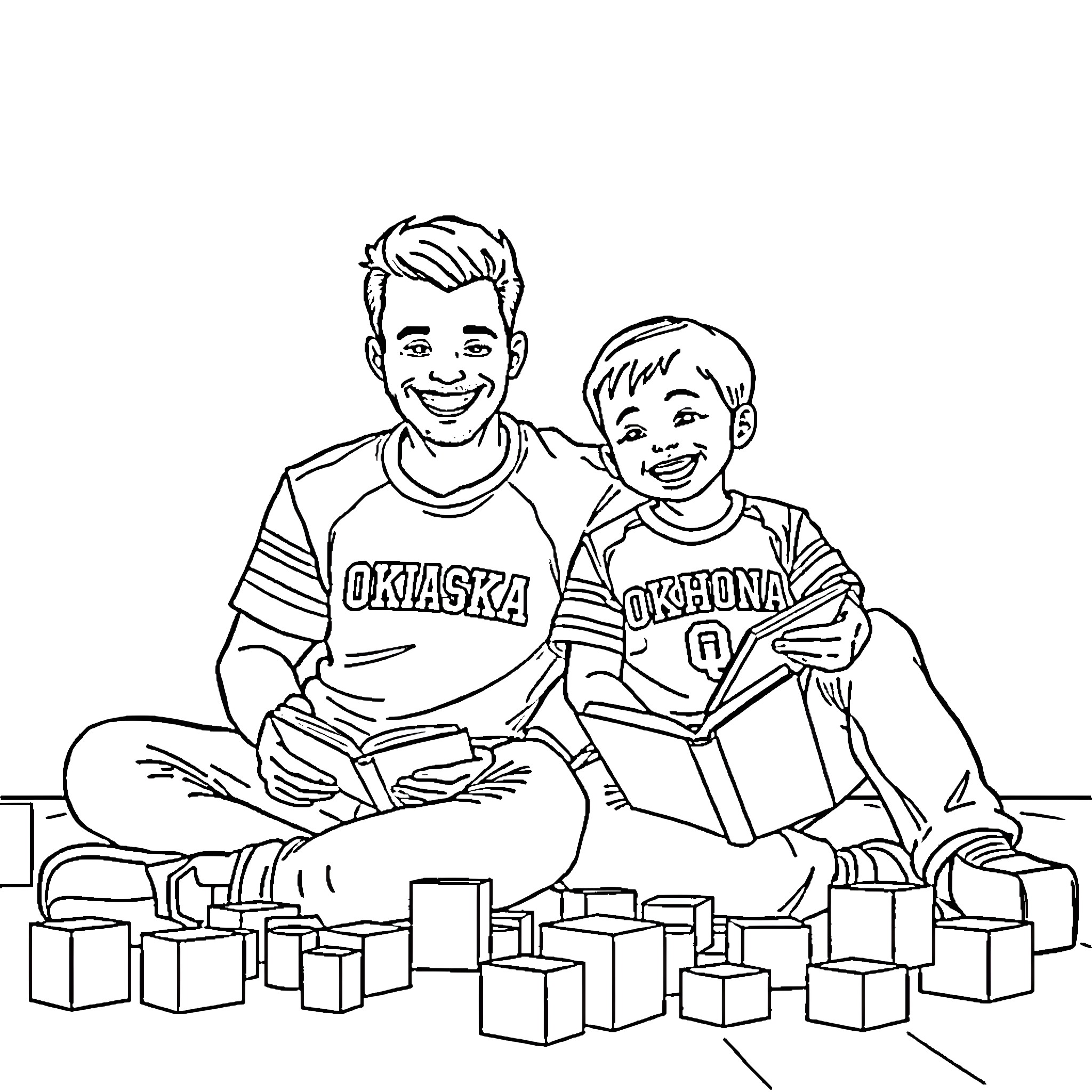 Father and son playing with toys together Coloring Page (free black-and-white line drawing printable PDF for all, from beginners to advanced learners, including children, teens, adults, and seniors)