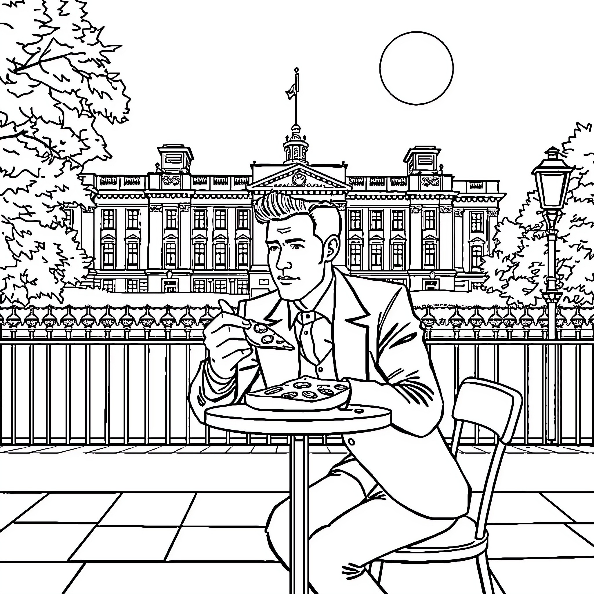 Keir Starmer enjoying a meal at an outdoor cafe Coloring Page (free black-and-white line drawing printable PDF for all, from beginners to advanced learners, including children, teens, adults, and seniors)
