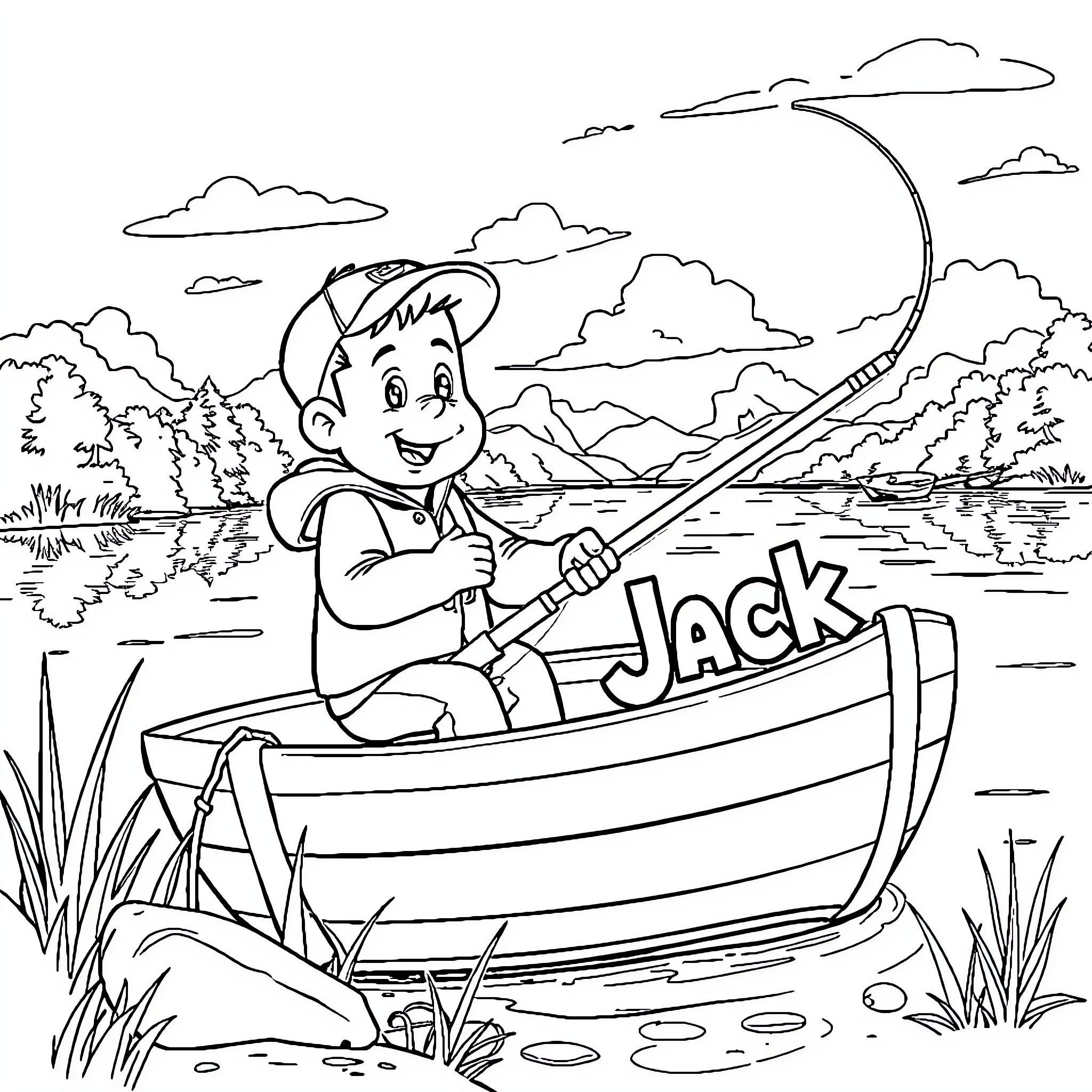 Jack fishing happily in the lake Coloring Page (free black-and-white line drawing printable PDF for all, from beginners to advanced learners, including children, teens, adults, and seniors)