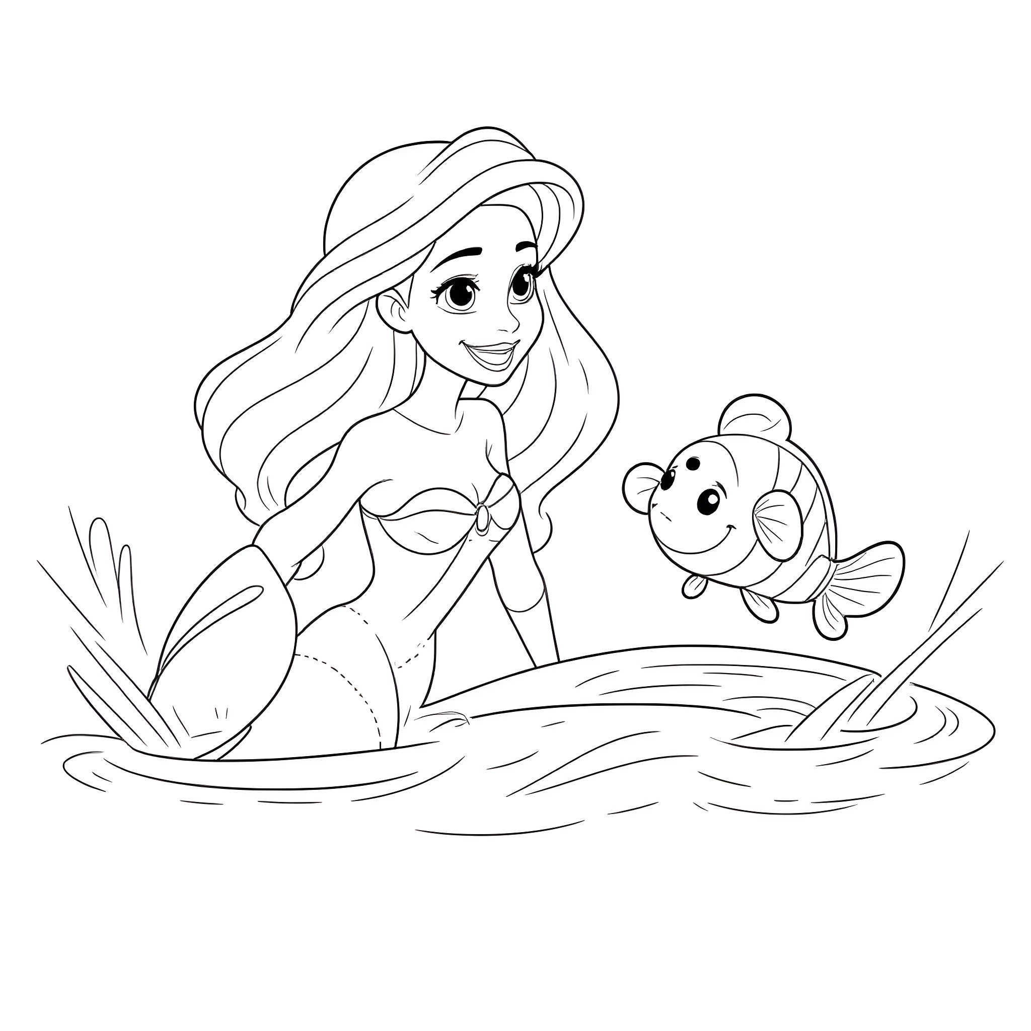 Ariel exploring the underwater world with her fish friend Coloring Page (free black-and-white line drawing printable PDF for all, from beginners to advanced learners, including children, teens, adults, and seniors)