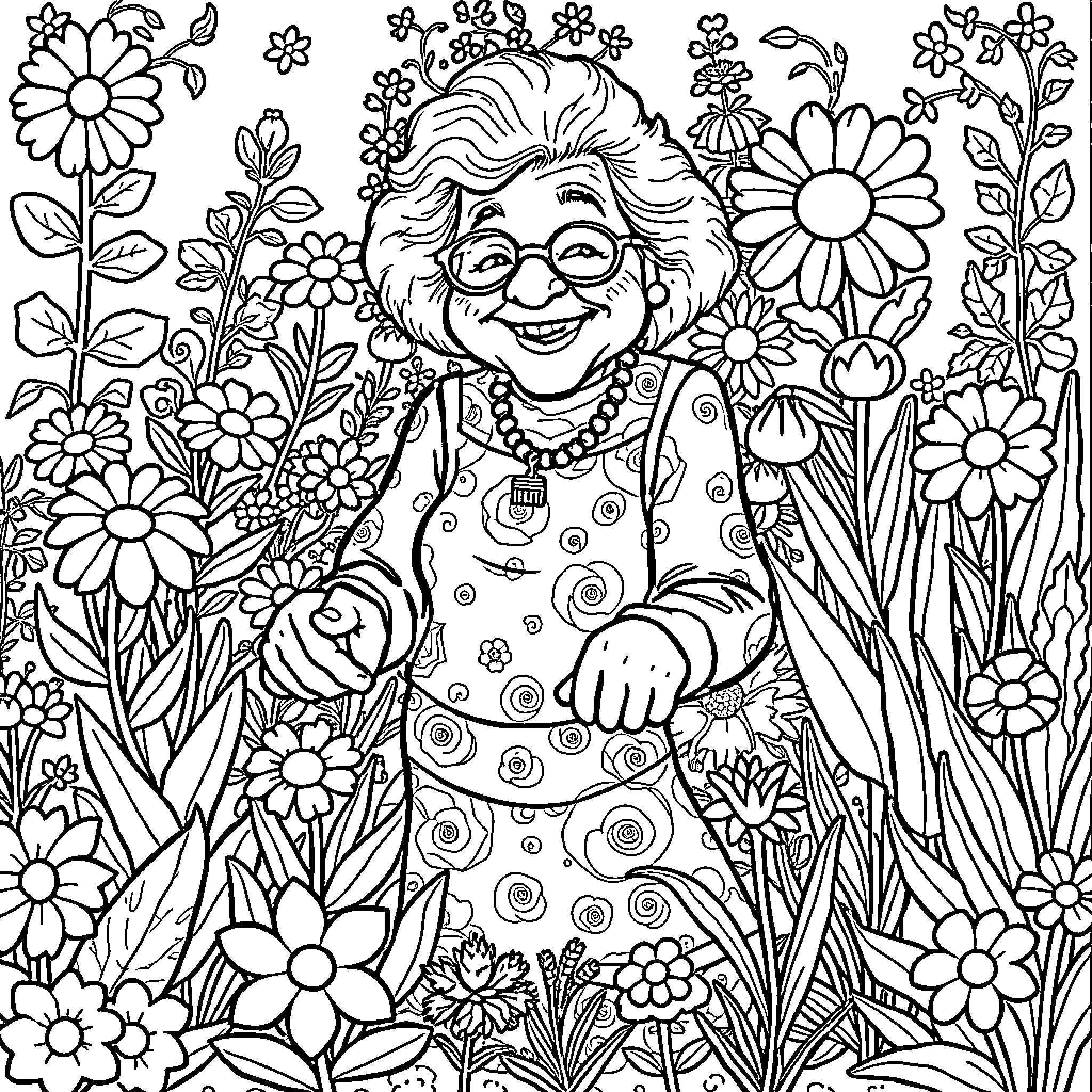 Grandma enjoying a field of flowers Coloring Page (free black-and-white line drawing printable PDF for all, from beginners to advanced learners, including children, teens, adults, and seniors)