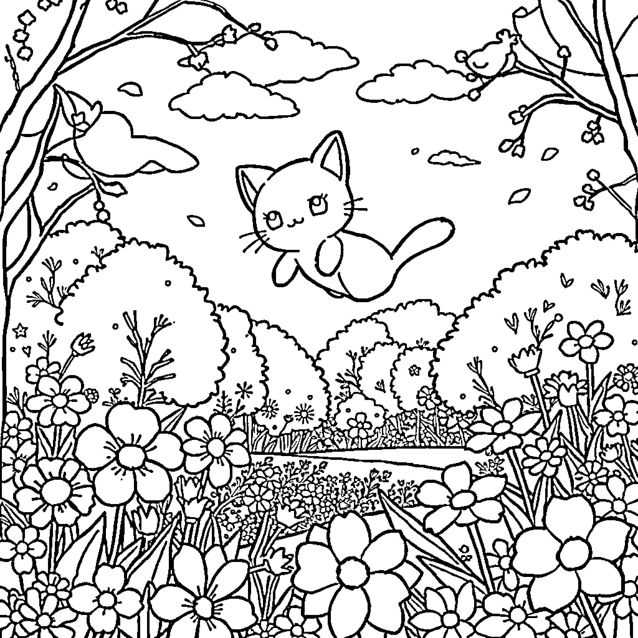 Mew's Blissful Meadow Adventure Coloring Page (free black-and-white line drawing printable PDF for all, from beginners to advanced learners, including children, teens, adults, and seniors)