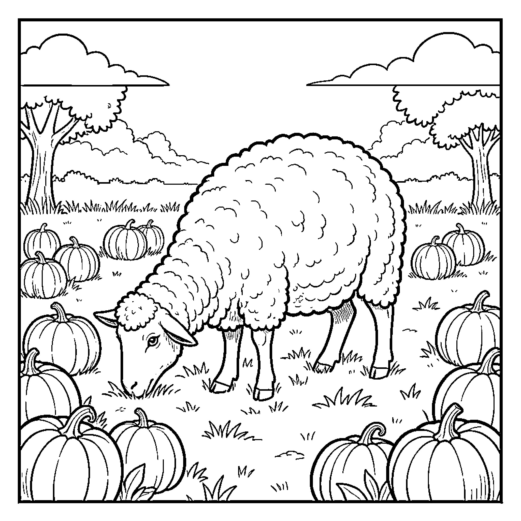 Sheep grazing in a field surrounded by pumpkins Coloring Page (free black-and-white line drawing printable PDF for all, from beginners to advanced learners, including children, teens, adults, and seniors)