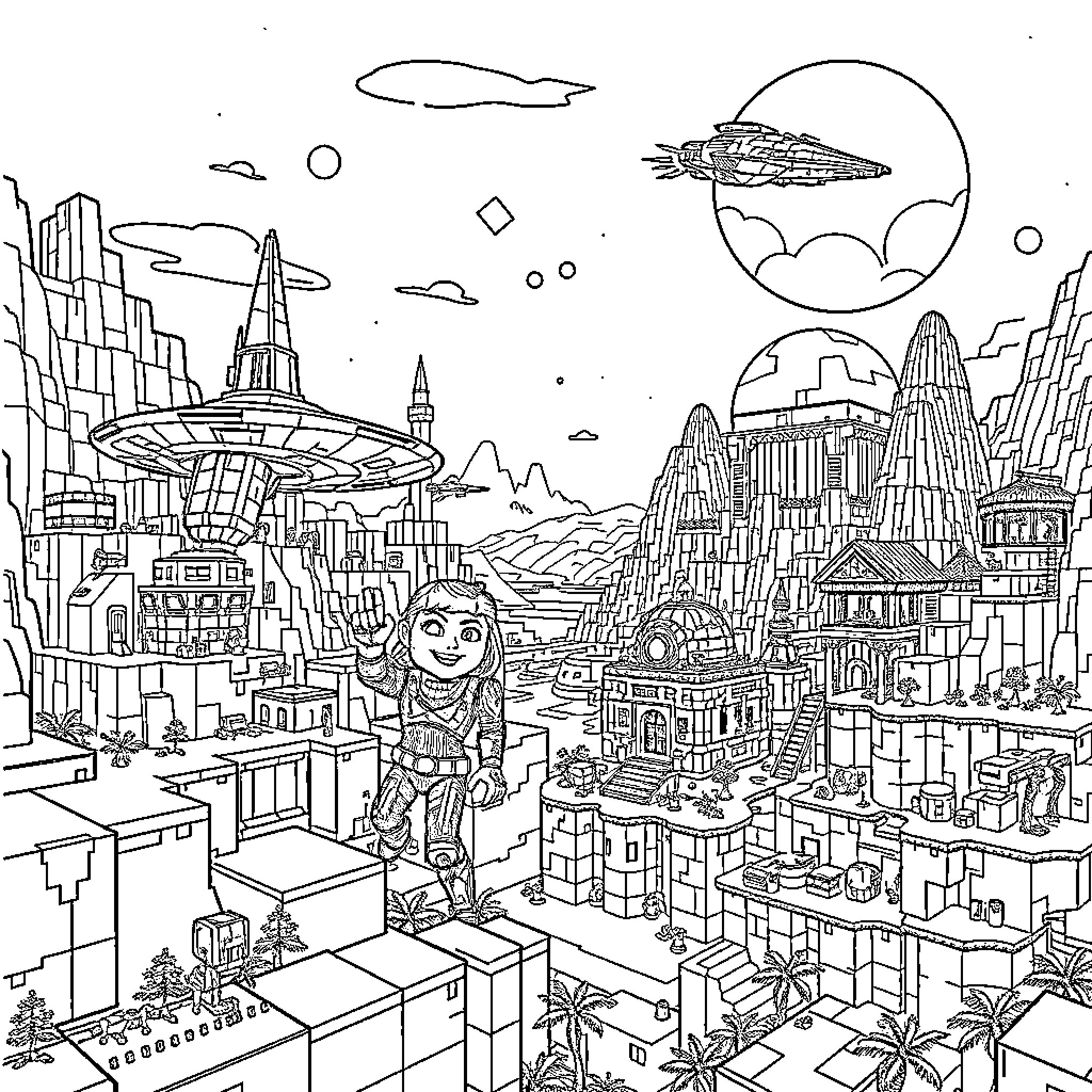 Minecraft Adventure in a Futuristic Cityscape Coloring Page (free black-and-white line drawing printable PDF for all, from beginners to advanced learners, including children, teens, adults, and seniors)
