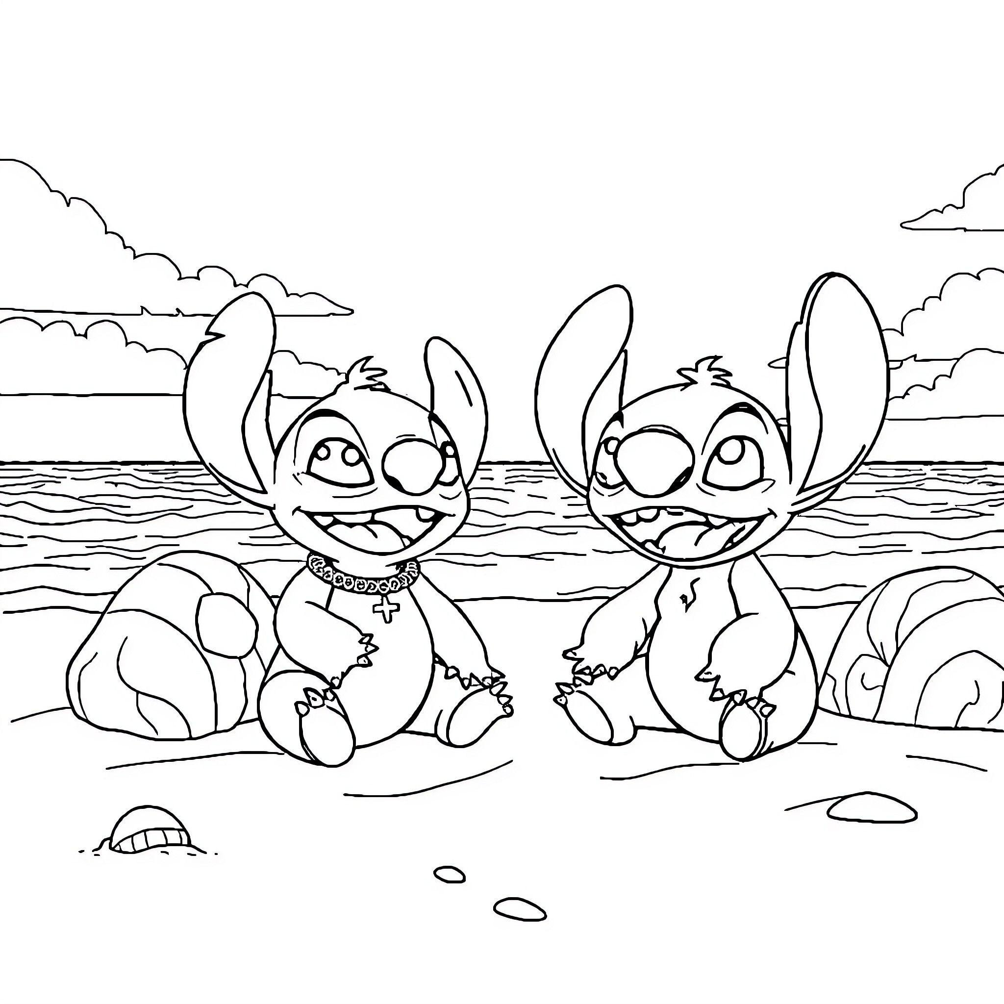 Lilo and Stitch playing by the ocean Coloring Page (free black-and-white line drawing printable PDF for all, from beginners to advanced learners, including children, teens, adults, and seniors)