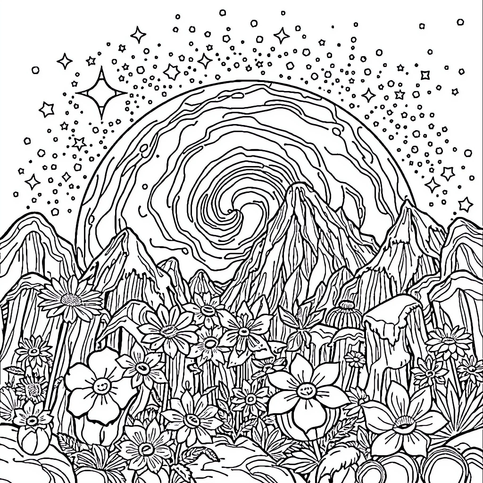 Marvel Cosmic Landscape with Swirling Stars and Flowers Coloring Page (free black-and-white line drawing printable PDF for all, from beginners to advanced learners, including children, teens, adults, and seniors)