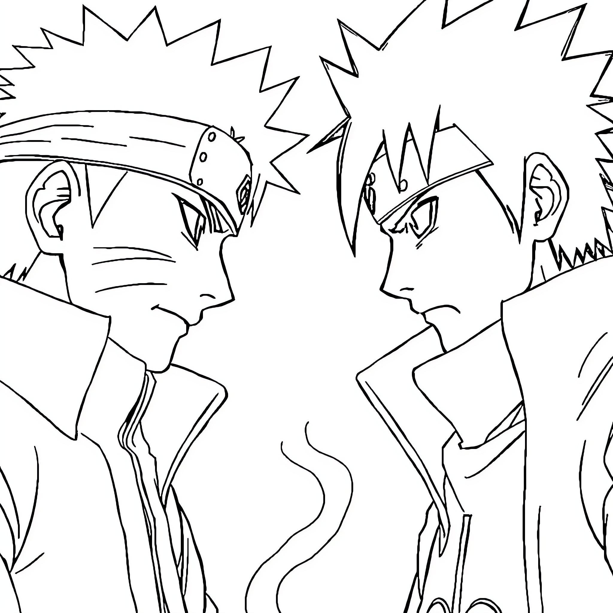 Naruto characters engaged in intense confrontation Coloring Page (free black-and-white line drawing printable PDF for all, from beginners to advanced learners, including children, teens, adults, and seniors)