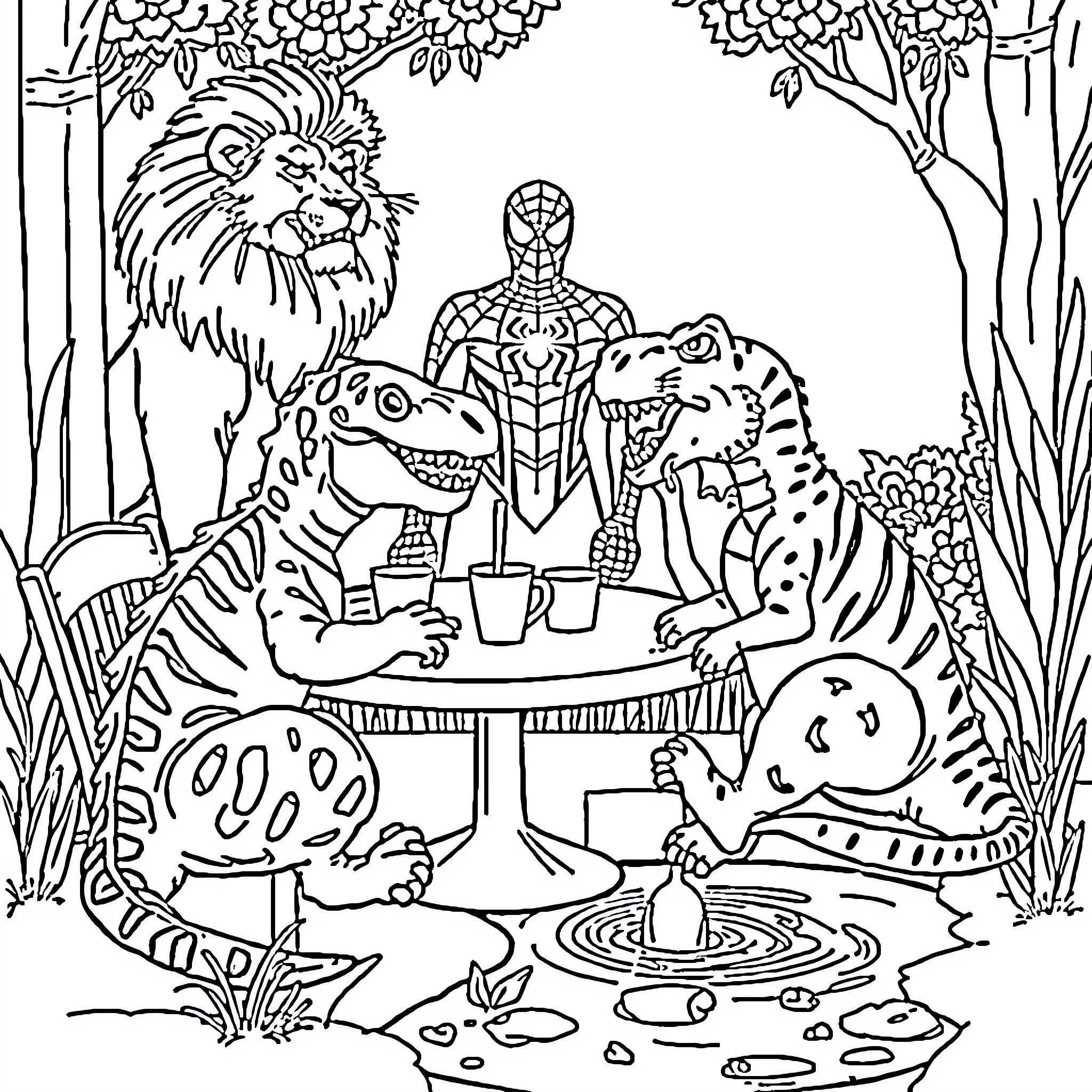Dinosaur friends having a picnic in the forest Coloring Page (free black-and-white line drawing printable PDF for all, from beginners to advanced learners, including children, teens, adults, and seniors)