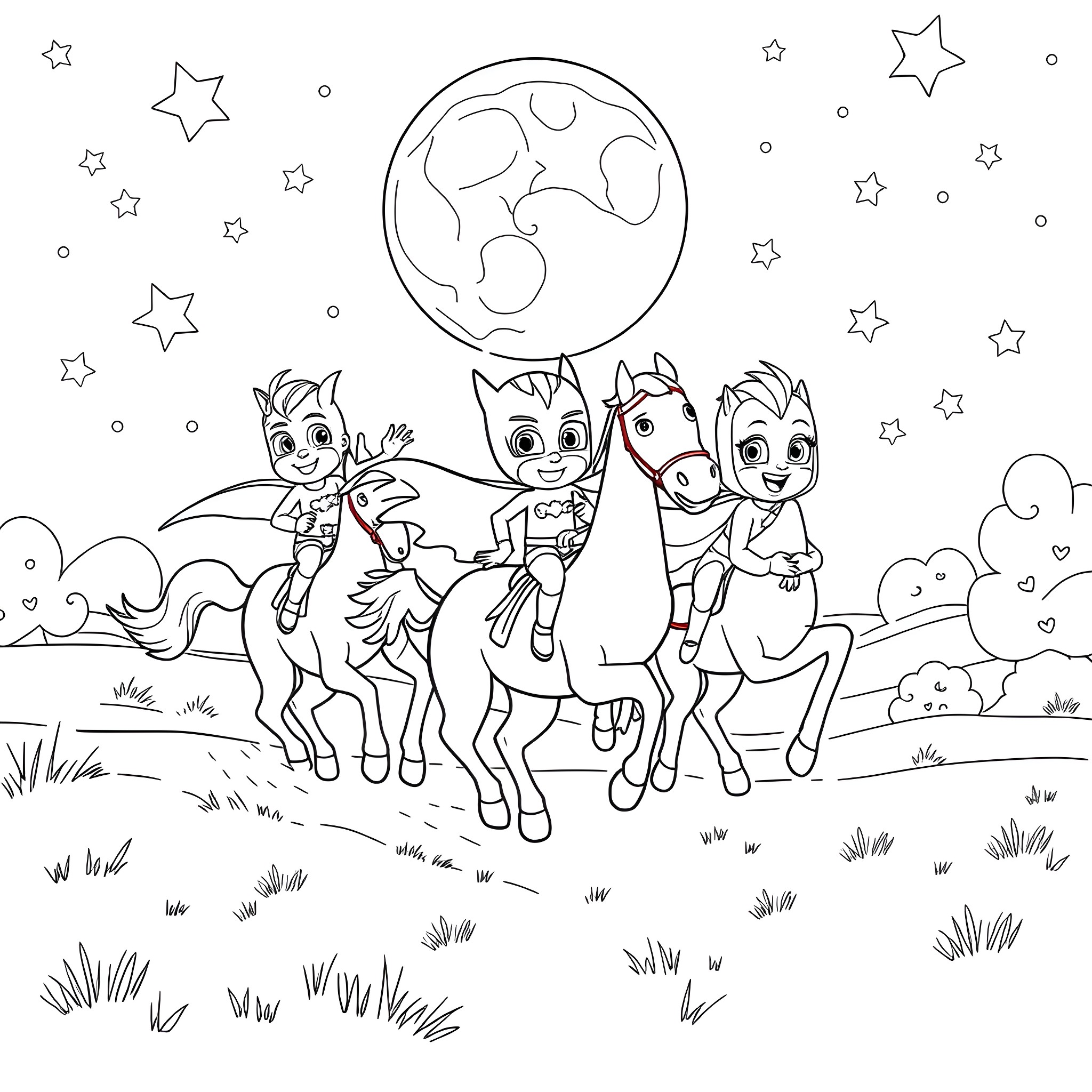 Pj Masks characters riding horses under the moon Coloring Page (free black-and-white line drawing printable PDF for all, from beginners to advanced learners, including children, teens, adults, and seniors)