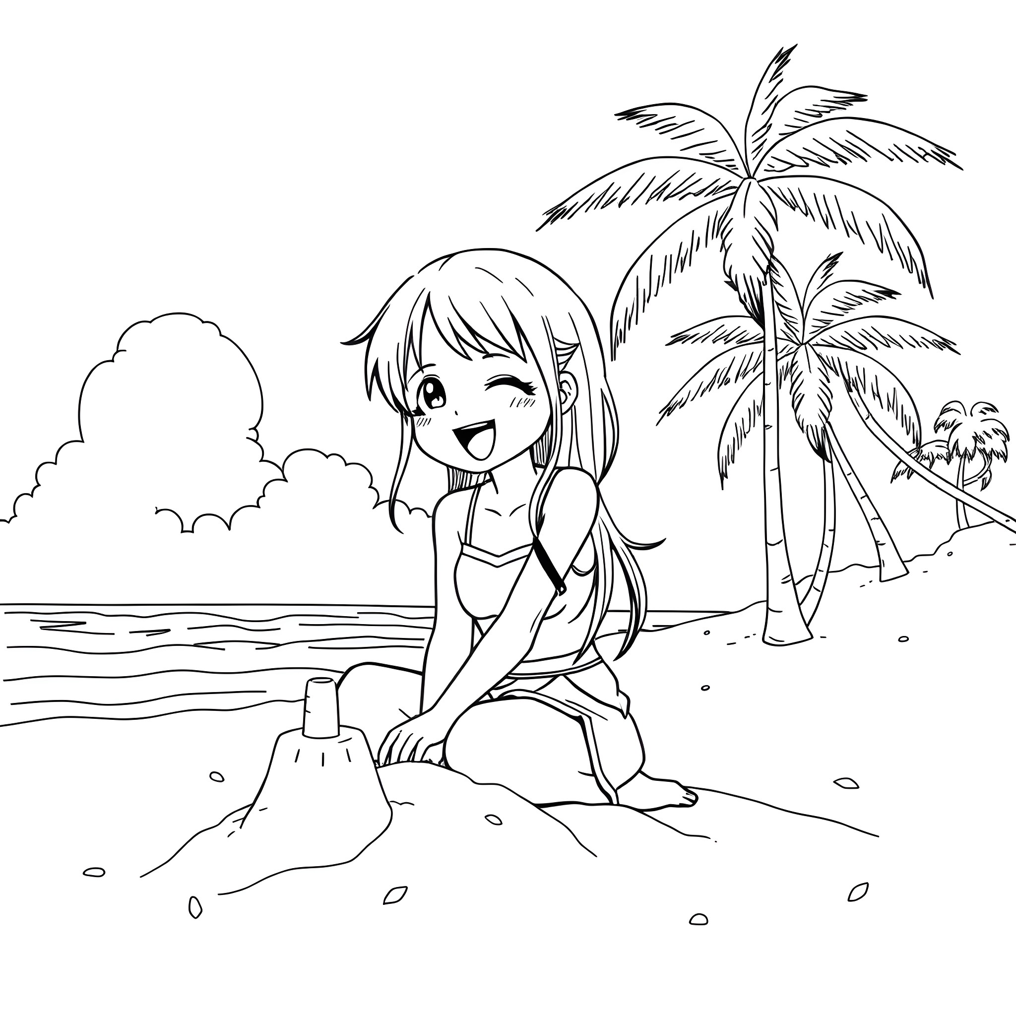 Anime Girl Enjoying the Tropical Beach Scene Coloring Page (free black-and-white line drawing printable PDF for all, from beginners to advanced learners, including children, teens, adults, and seniors)