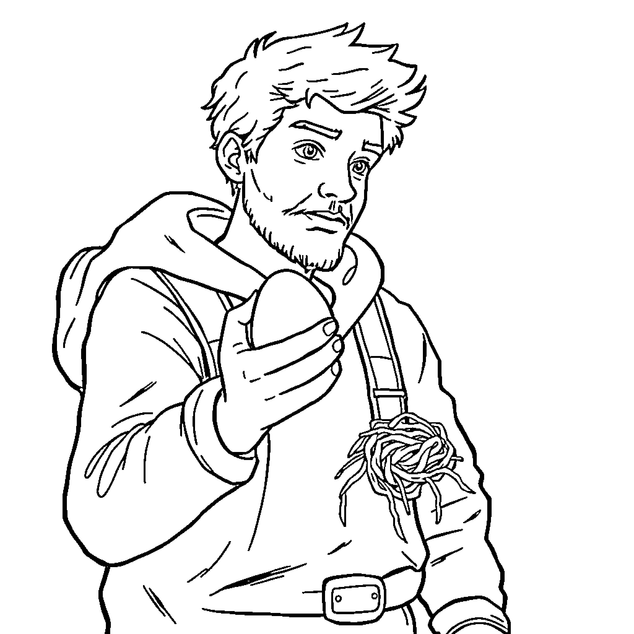 Nick's Focused Expression and Attire Coloring Page (free black-and-white line drawing printable PDF for all, from beginners to advanced learners, including children, teens, adults, and seniors)