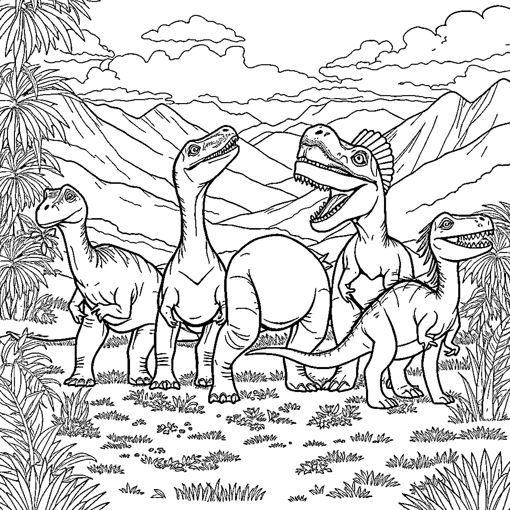 Dinosaurs roaming in prehistoric landscape Coloring Page (free black-and-white line drawing printable PDF for all, from beginners to advanced learners, including children, teens, adults, and seniors)