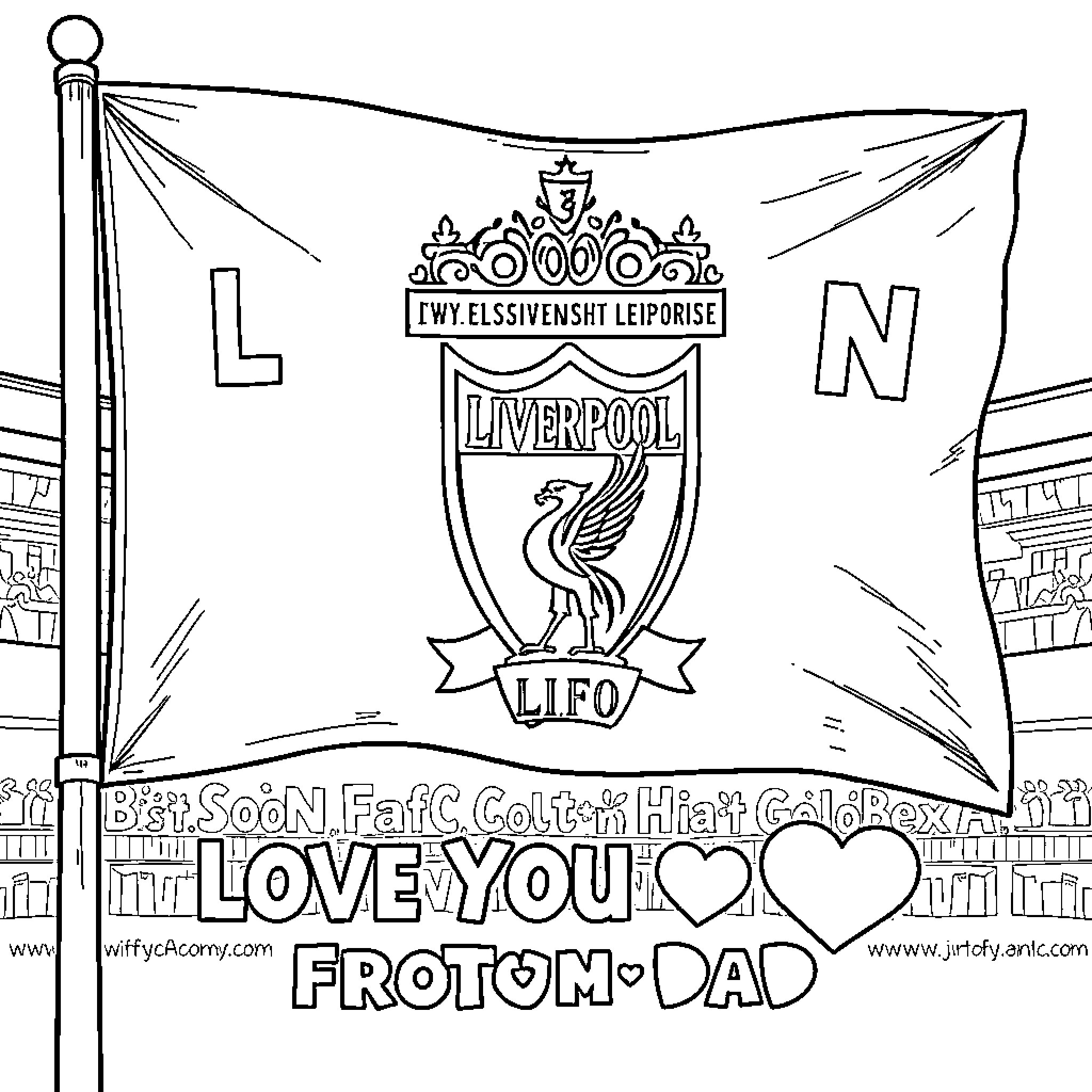 Flag displaying sports team's emblem and fan message Coloring Page (free black-and-white line drawing printable PDF for all, from beginners to advanced learners, including children, teens, adults, and seniors)