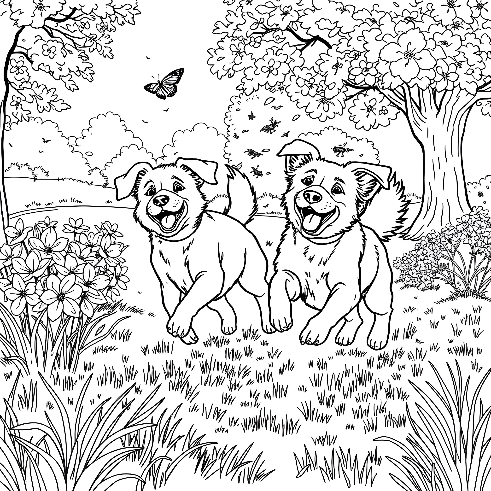 Dogs Playing Happily in a Floral Garden Coloring Page (free black-and-white line drawing printable PDF for all, from beginners to advanced learners, including children, teens, adults, and seniors)