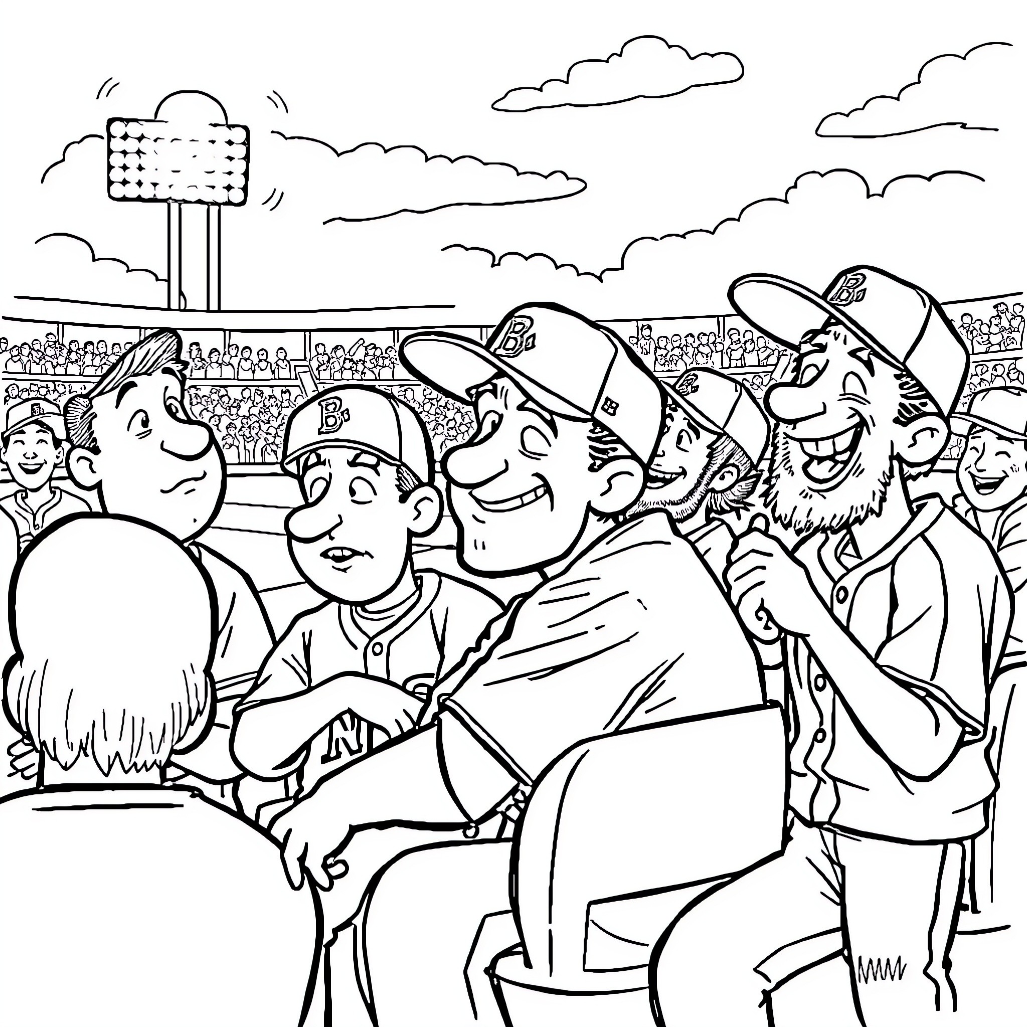 Baseball fans cheering and celebrating in the stands Coloring Page (free black-and-white line drawing printable PDF for all, from beginners to advanced learners, including children, teens, adults, and seniors)