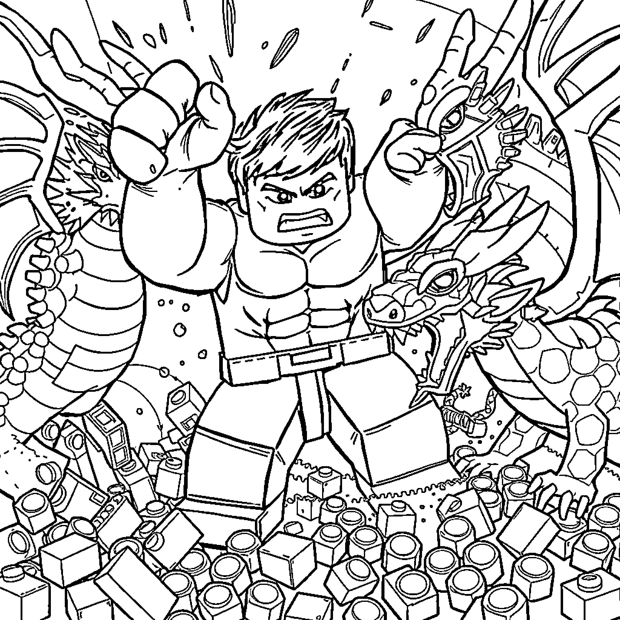 Lego Hulk battles fierce dragon-like creature Coloring Page (free black-and-white line drawing printable PDF for all, from beginners to advanced learners, including children, teens, adults, and seniors)