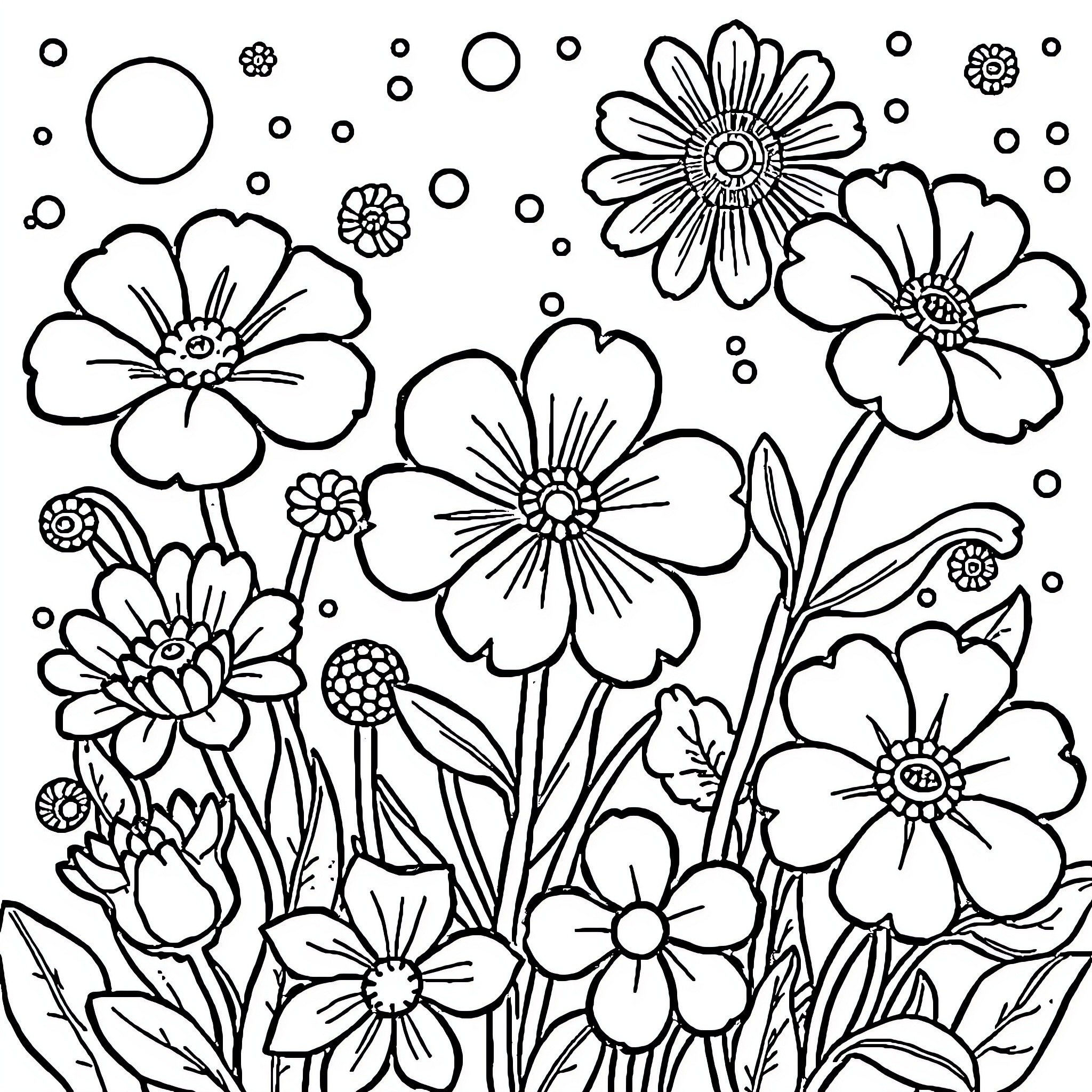 Flower garden in bloom with various floral designs Coloring Page (free black-and-white line drawing printable PDF for all, from beginners to advanced learners, including children, teens, adults, and seniors)