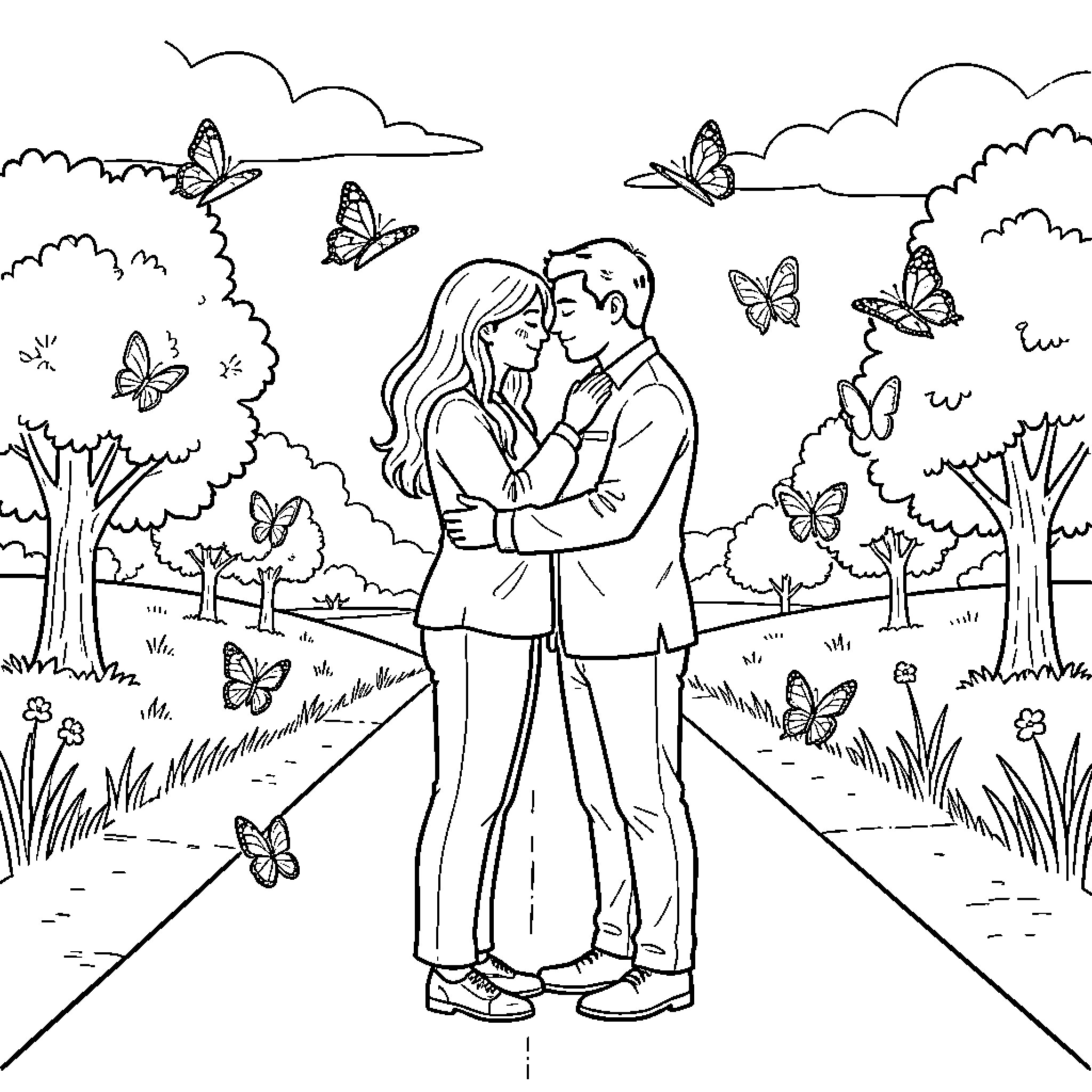 Butterfly themed scene of a couple embracing in nature Coloring Page (free black-and-white line drawing printable PDF for all, from beginners to advanced learners, including children, teens, adults, and seniors)