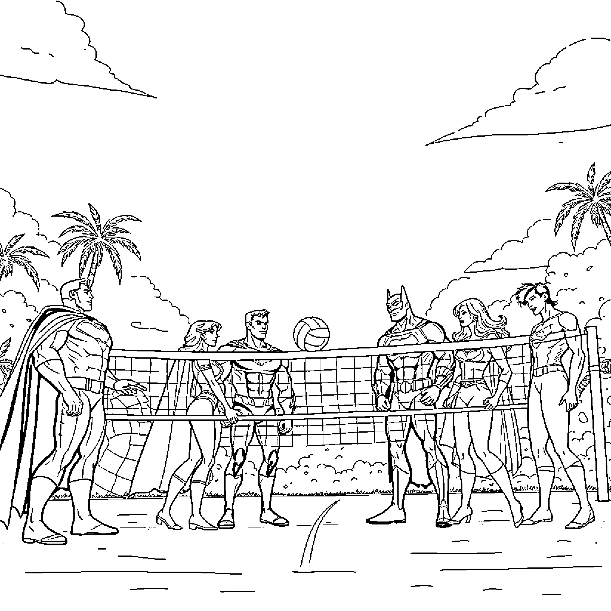 Justice League playing volleyball on tropical beach Coloring Page (free black-and-white line drawing printable PDF for all, from beginners to advanced learners, including children, teens, adults, and seniors)