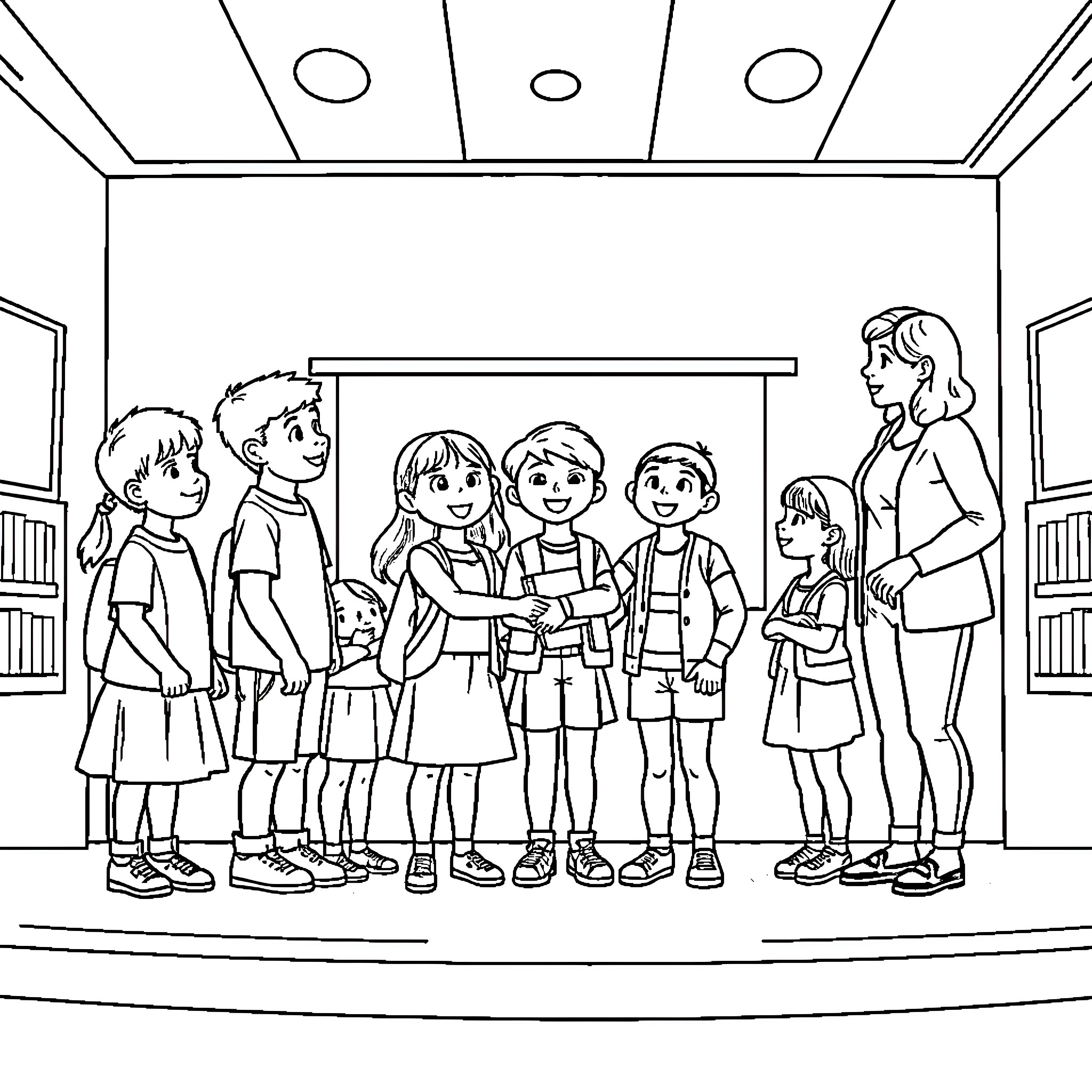 Promotion of a group of students in a classroom Coloring Page (free black-and-white line drawing printable PDF for all, from beginners to advanced learners, including children, teens, adults, and seniors)
