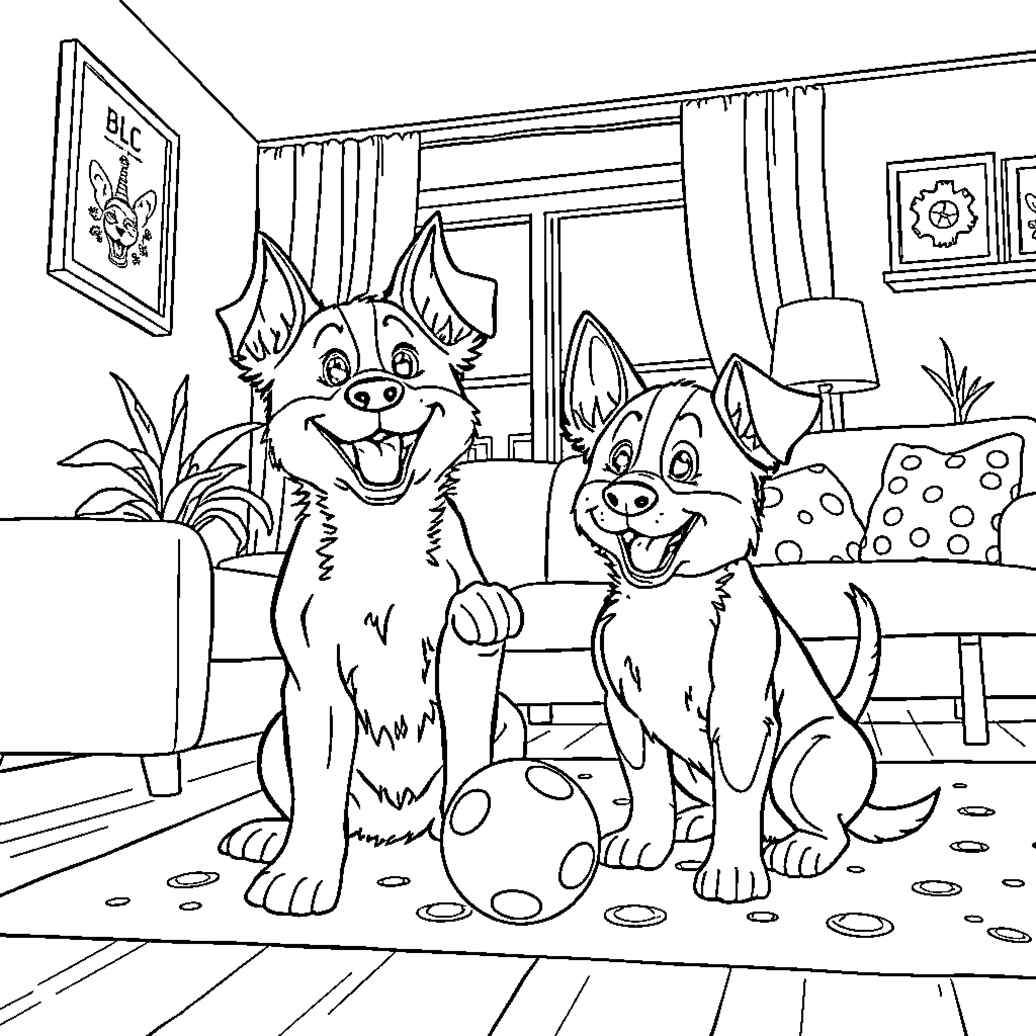 Bluey and Bingo play together at home Coloring Page (free black-and-white line drawing printable PDF for all, from beginners to advanced learners, including children, teens, adults, and seniors)