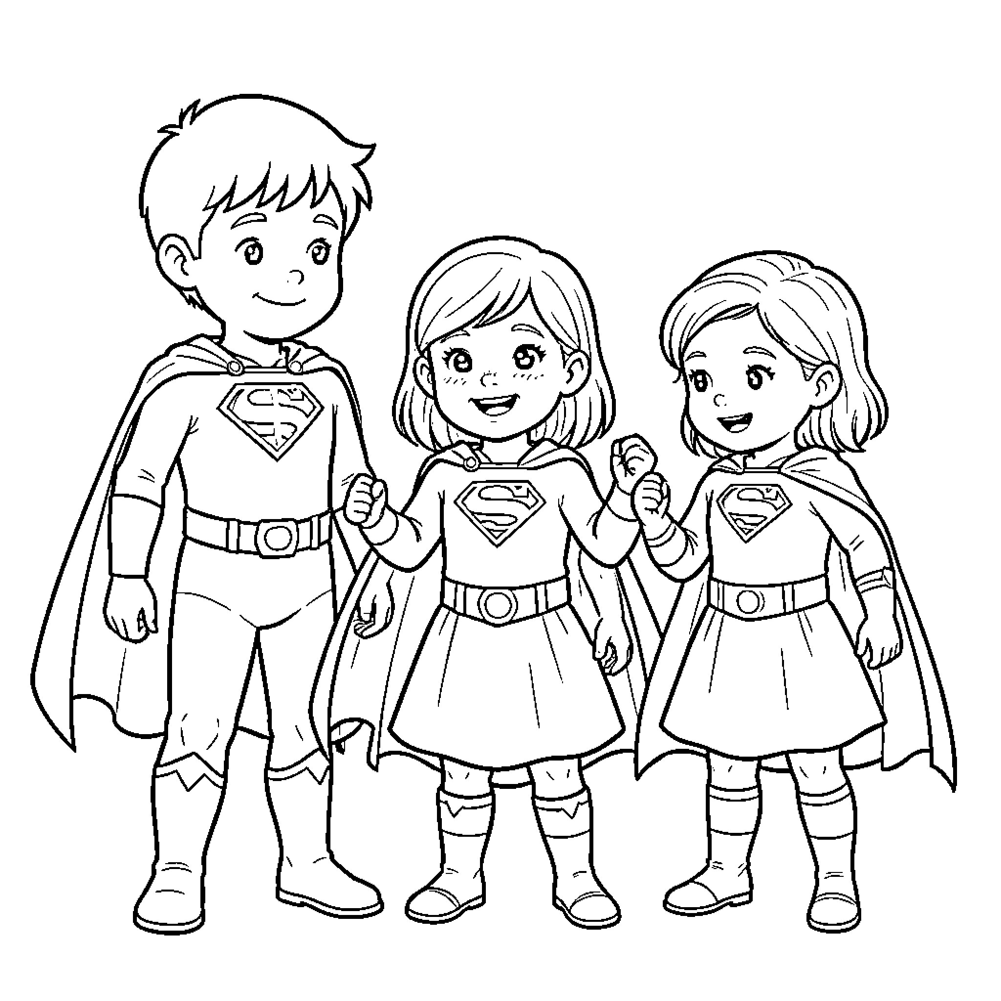 Superhero children standing together in heroic poses Coloring Page (free black-and-white line drawing printable PDF for all, from beginners to advanced learners, including children, teens, adults, and seniors)