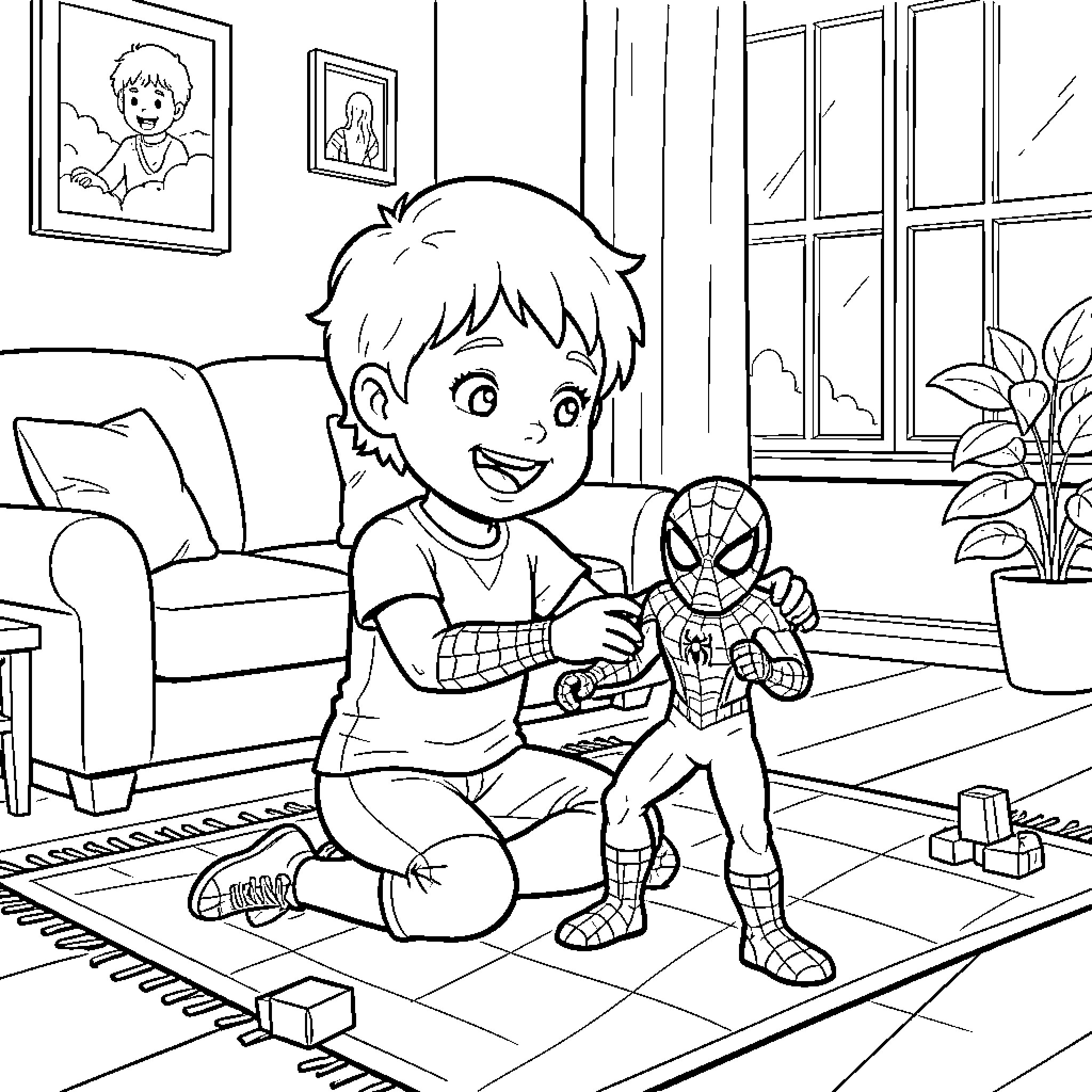 Boy playing happily with superhero toys at home Coloring Page (free black-and-white line drawing printable PDF for all, from beginners to advanced learners, including children, teens, adults, and seniors)
