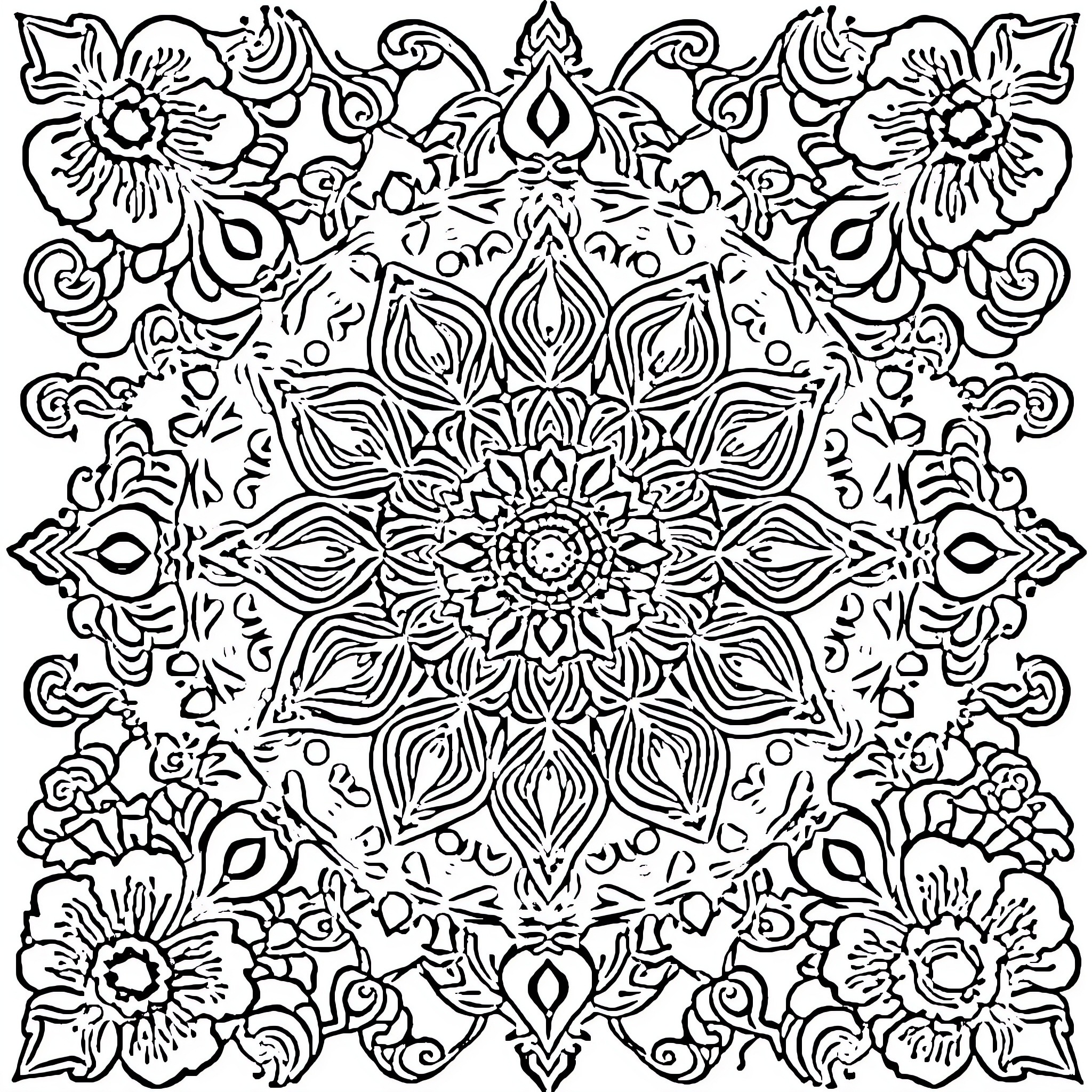 Zen Floral Mandala Design Coloring Page (free black-and-white line drawing printable PDF for all, from beginners to advanced learners, including children, teens, adults, and seniors)