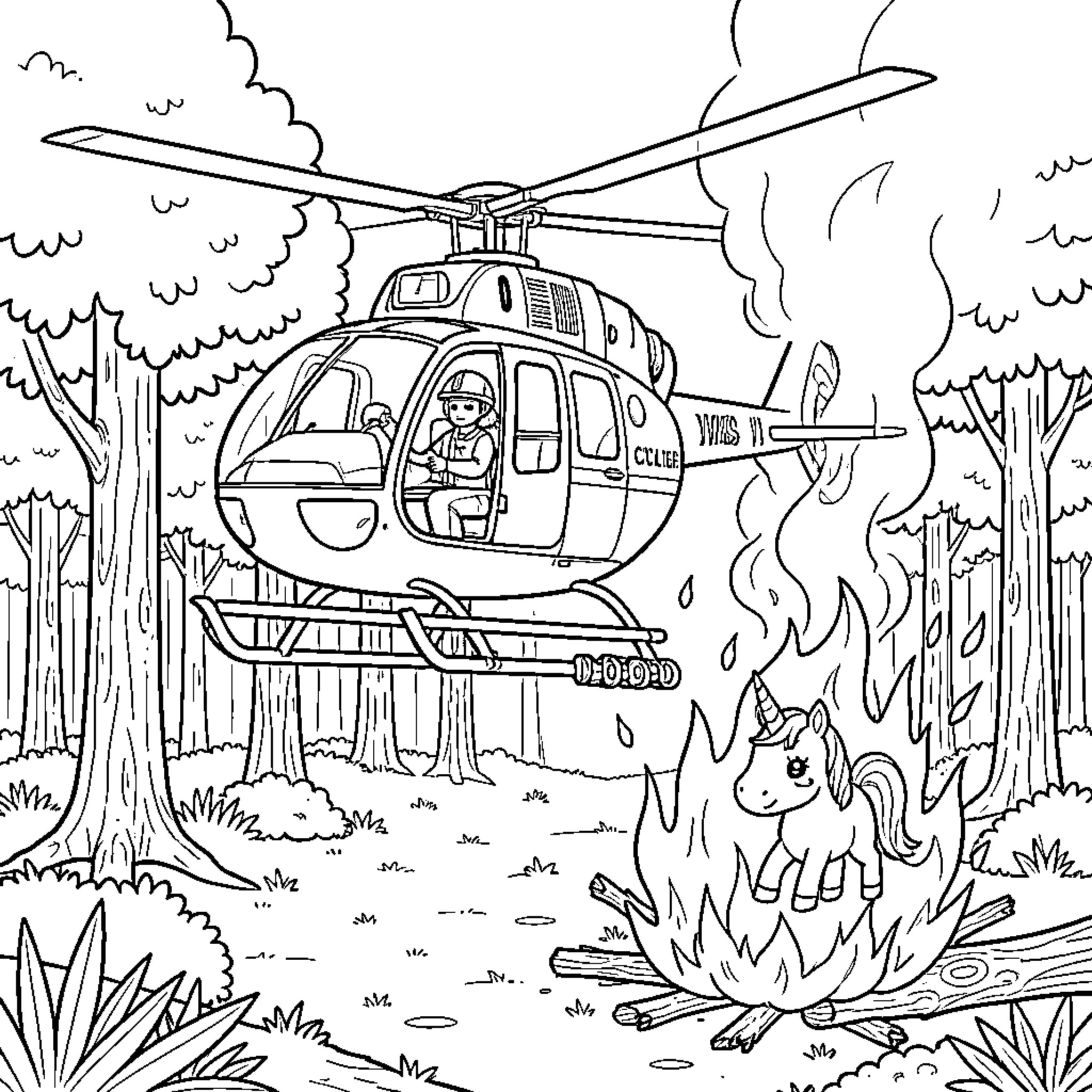 Helicopter flying over a magical unicorn campfire scene Coloring Page (free black-and-white line drawing printable PDF for all, from beginners to advanced learners, including children, teens, adults, and seniors)