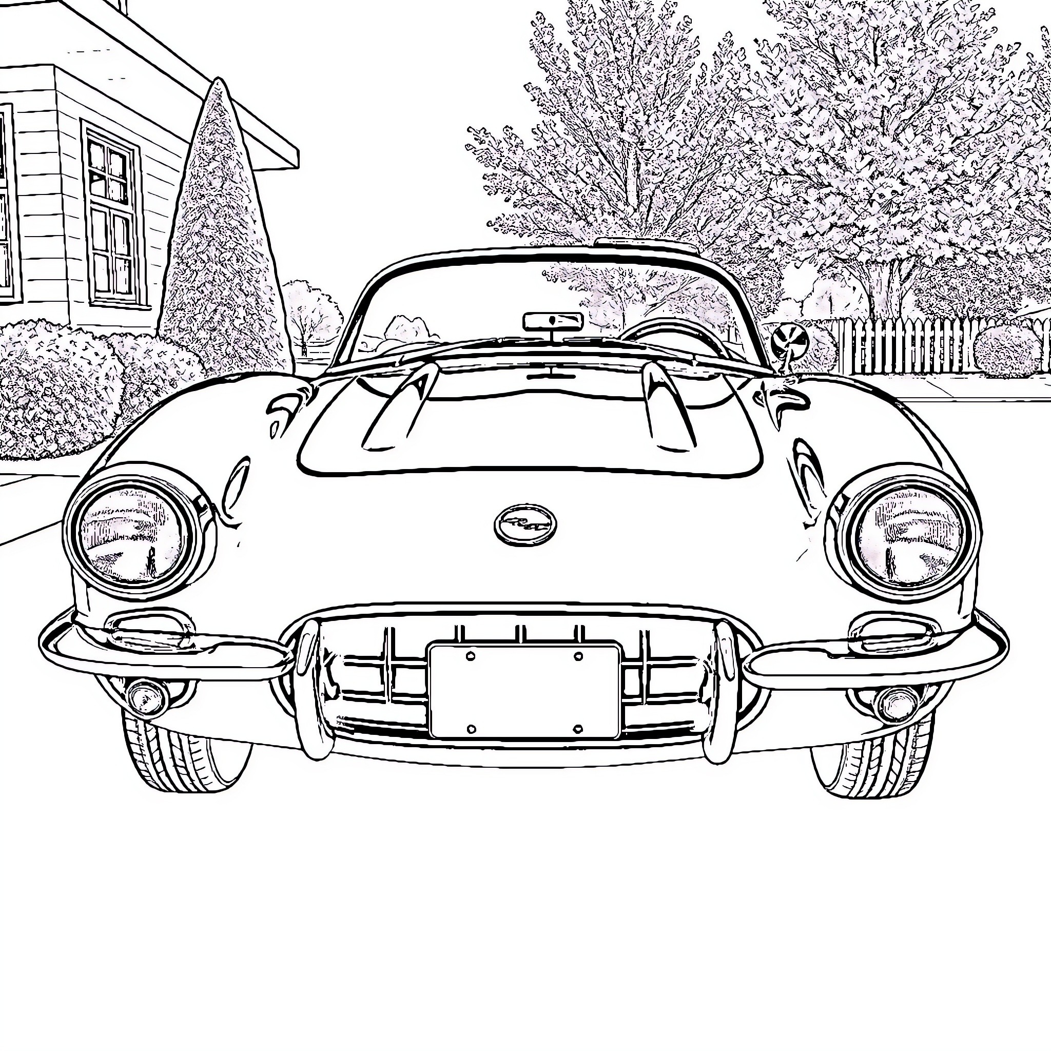 Corvette Classic Car on Scenic Suburban Street Coloring Page (free black-and-white line drawing printable PDF for all, from beginners to advanced learners, including children, teens, adults, and seniors)
