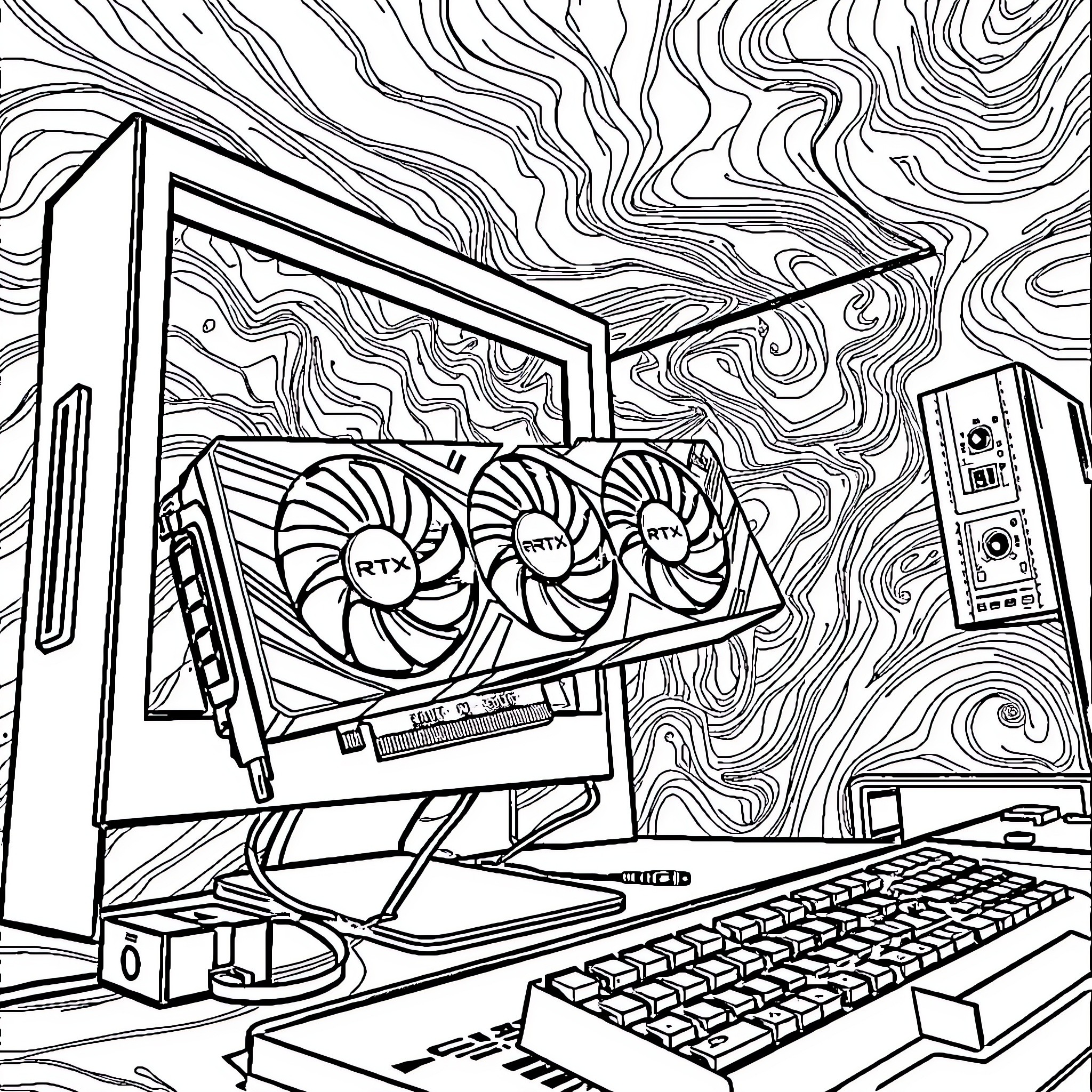 RTX 5090 Gaming Rig with Swirling Backdrop Coloring Page (free black-and-white line drawing printable PDF for all, from beginners to advanced learners, including children, teens, adults, and seniors)